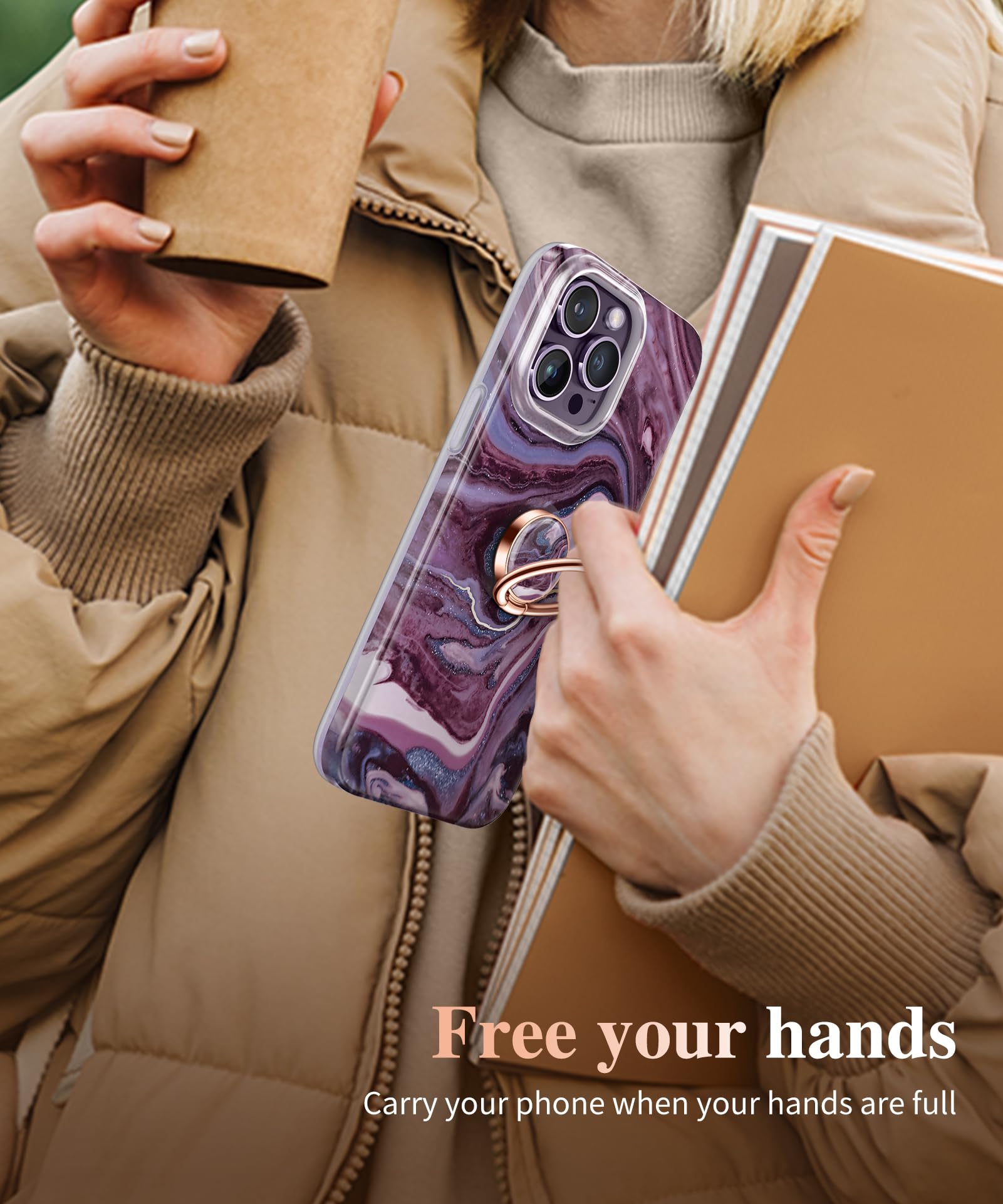 GVIEWIN Marble Phone Ring Holder - Magnetic Car Mount Compatible with iPhone 16 Pro Max/15 Plus/14/13/12 & Galaxy S25/S24 Ultra - Metal Kickstand Grip for Secure Phone Handling (Quicksand/Purple) - Perfect for Driving, Watching Videos & One-Handed Use