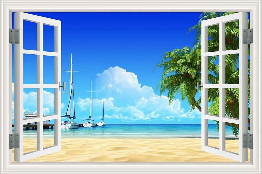GreatHomeArt 3D Beach Wall Stickers - Removable Decal Murals with Sail Boat Design, Peel and Stick Wallpaper for Office & Home Decor - 32x48 inches - Perfect for Living Room, Bedroom, Nursery & Workspace Wall Art
