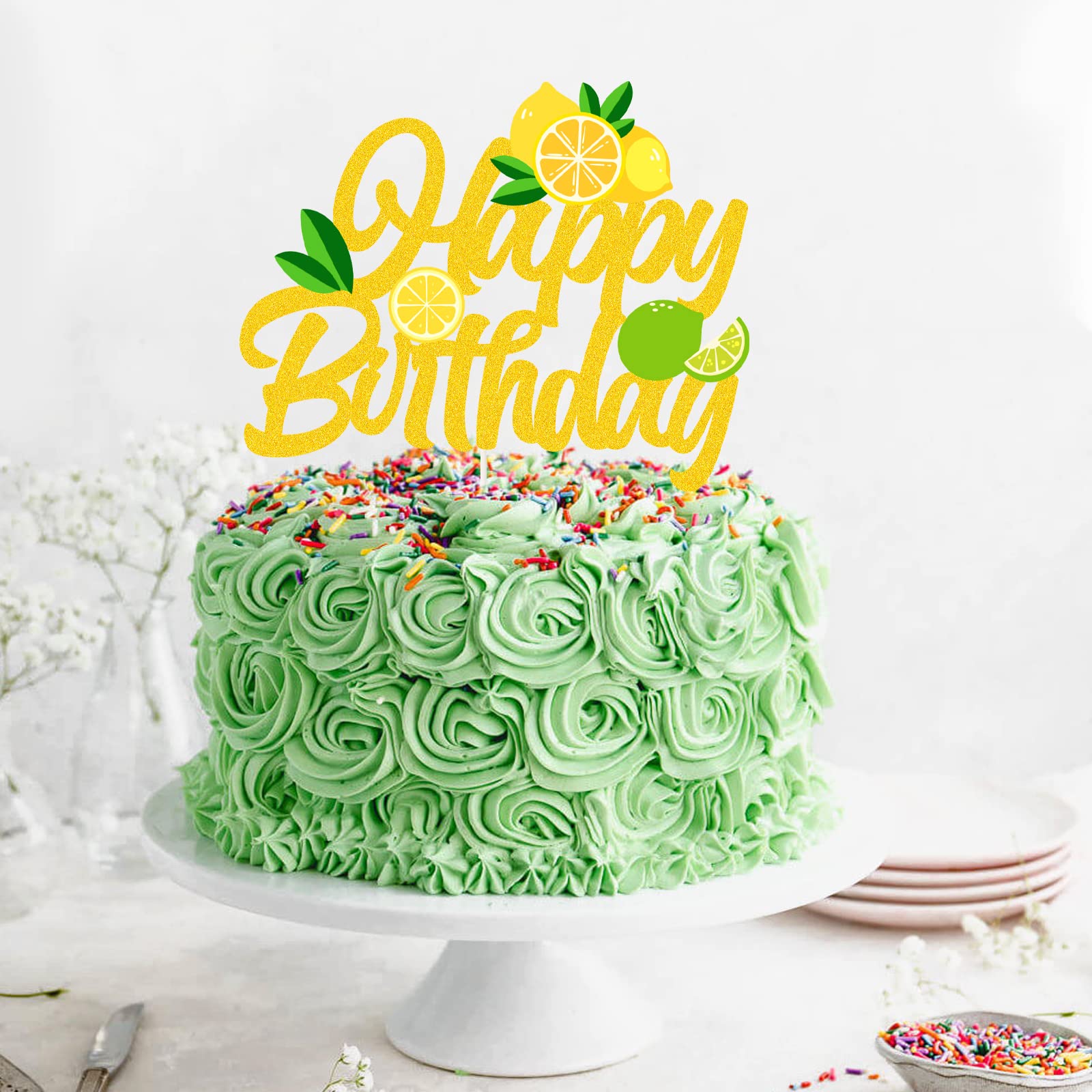 Gold Lemon Cake Topper - Happy Birthday Sign for Lemon Theme Cakes, Smash Cake Decor & Fruit Lemon Cake Picks | Perfect for Birthday Parties, Baby Showers & Dessert Table Decorations