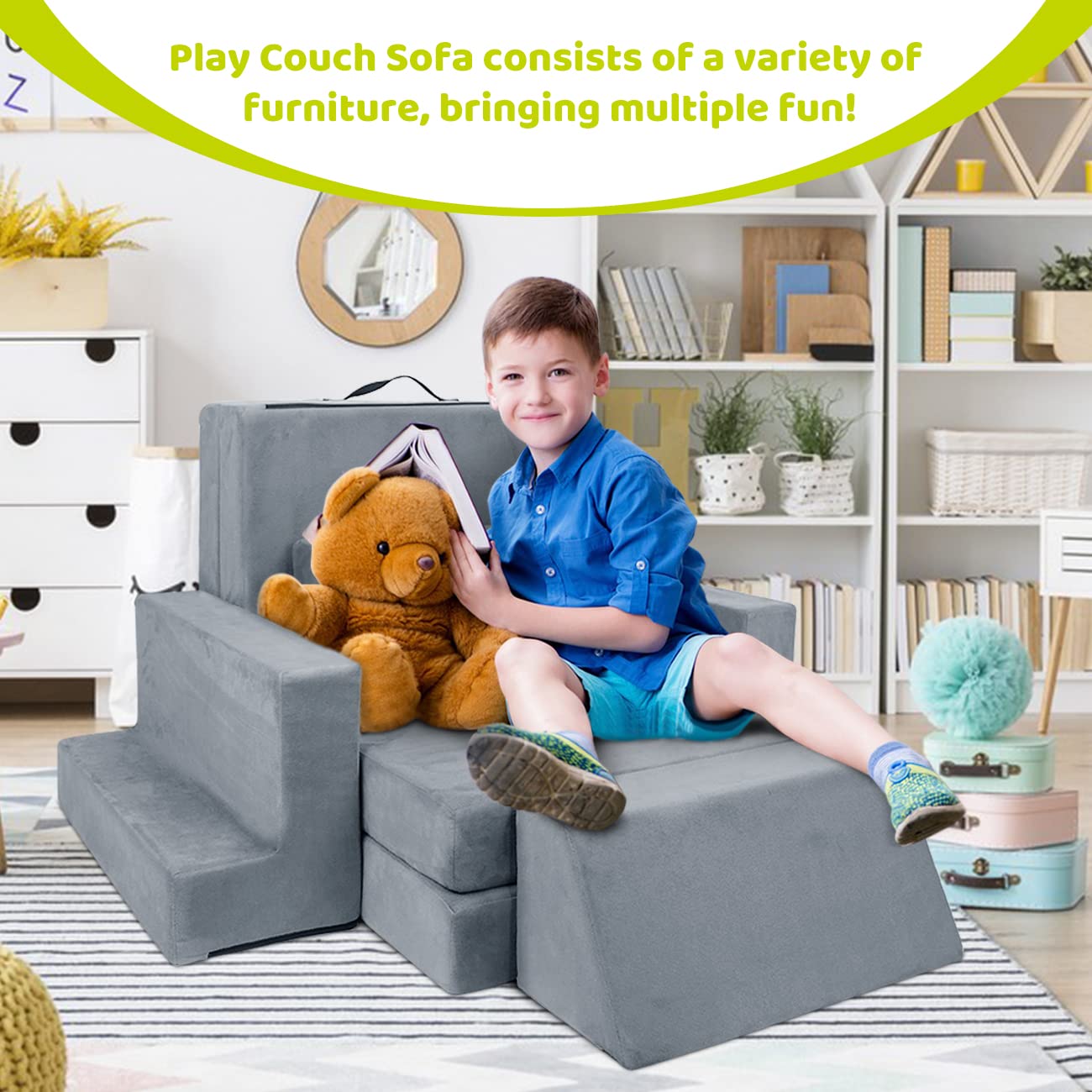 **DREAMANIA 7-Piece Modular Kids Play Couch for Toddlers & Teens – Premium Sectional Sofa for Bedroom, Playroom, Living Room – Creative Gift for Boys & Girls (Grey) – Perfect for Playtime, Lounging & Learning Activities**
