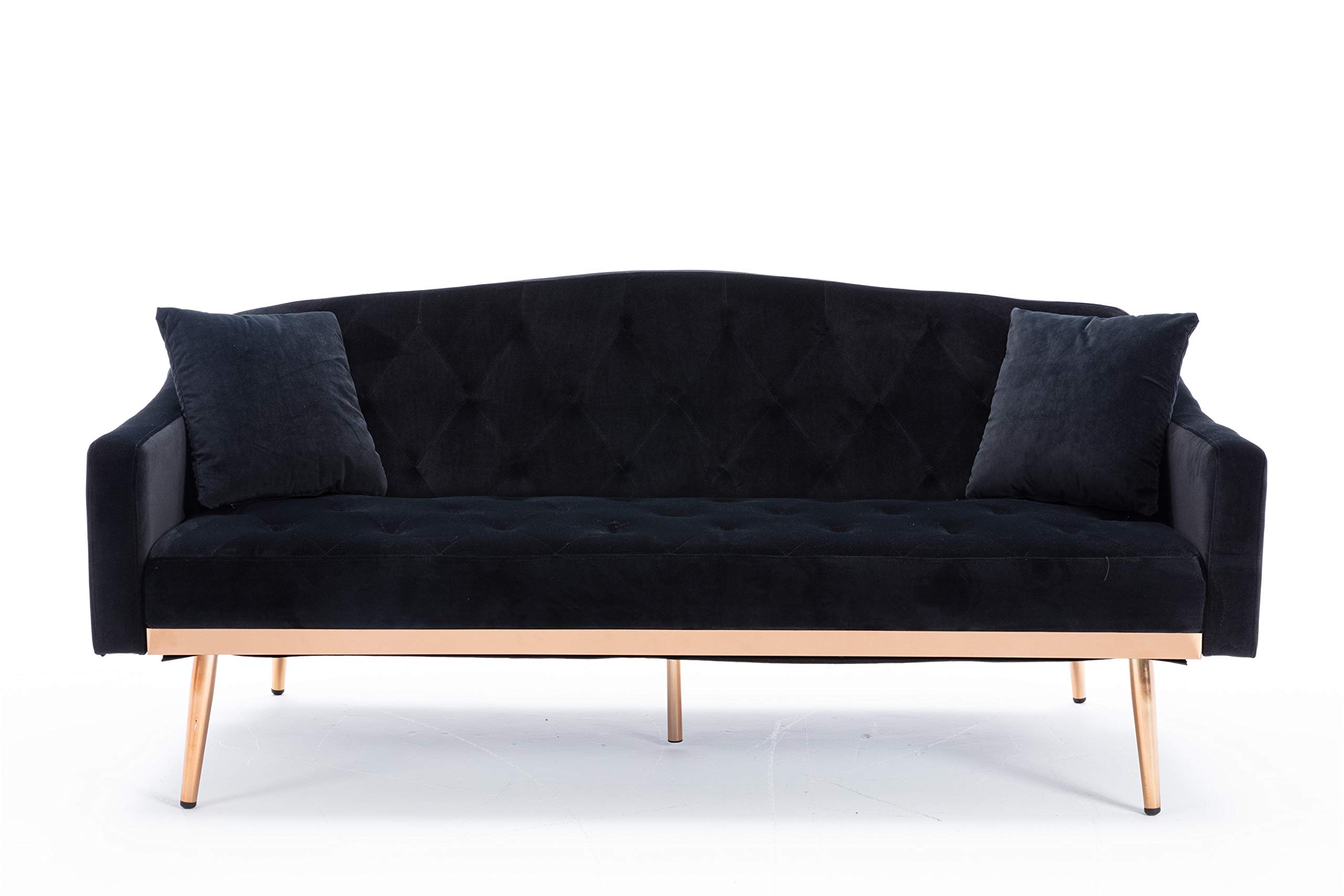 Luxury Velvet Sofa Couch with Tufted Design - Mid Century Modern Loveseat with Golden Metal Legs - Convertible Futon Sofa Bed for Small Spaces - Includes 2 Decorative Throw Pillows - Perfect for Living Room, Apartment, Dorm or Office (Black)