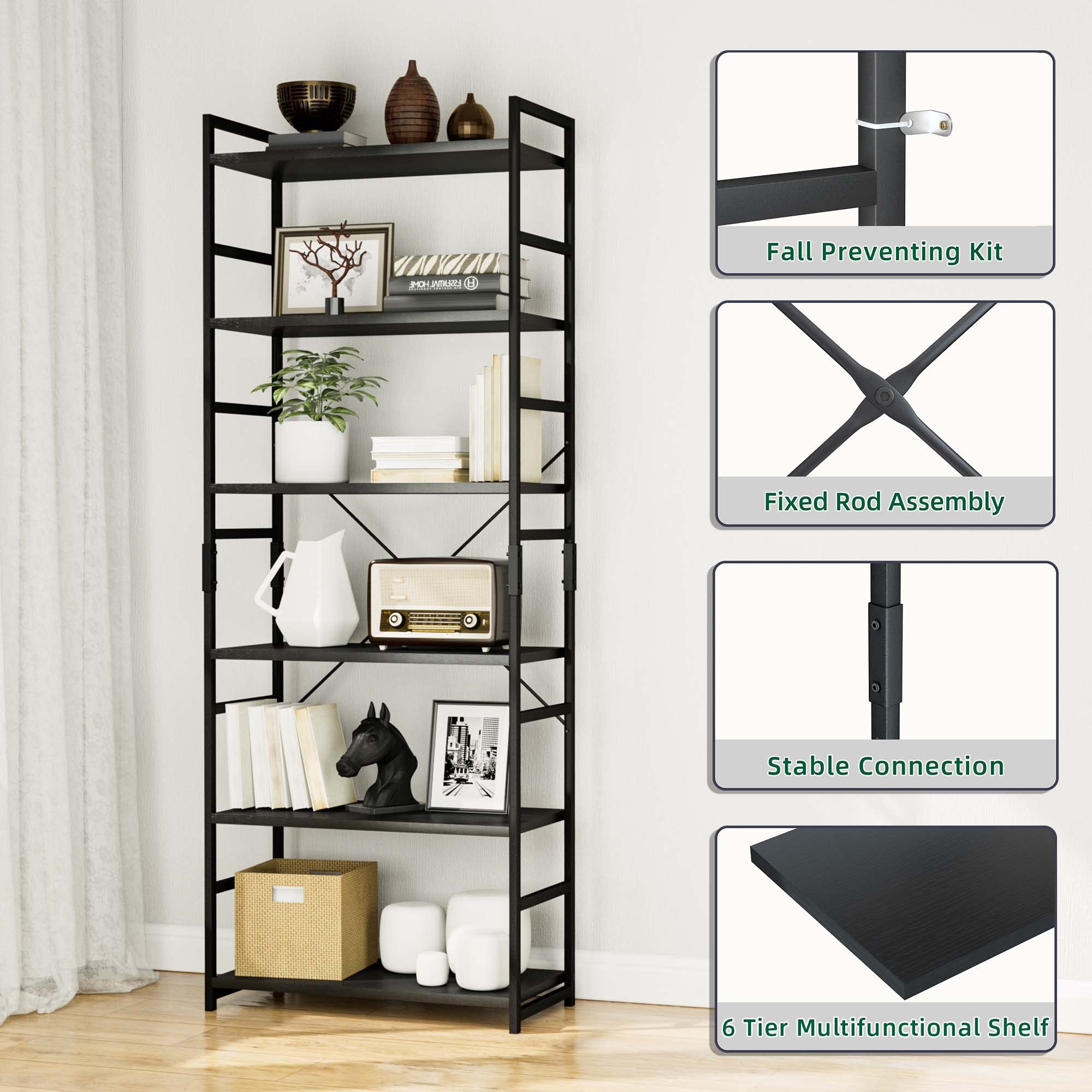 6-Tier Adjustable Bookshelf - Tall Modern Bookcase for Office, Living Room & Bedroom - Heavy Duty Storage Organizer with Versatile Shelving - Perfect for Home Office, Study & Library Organization (Black)