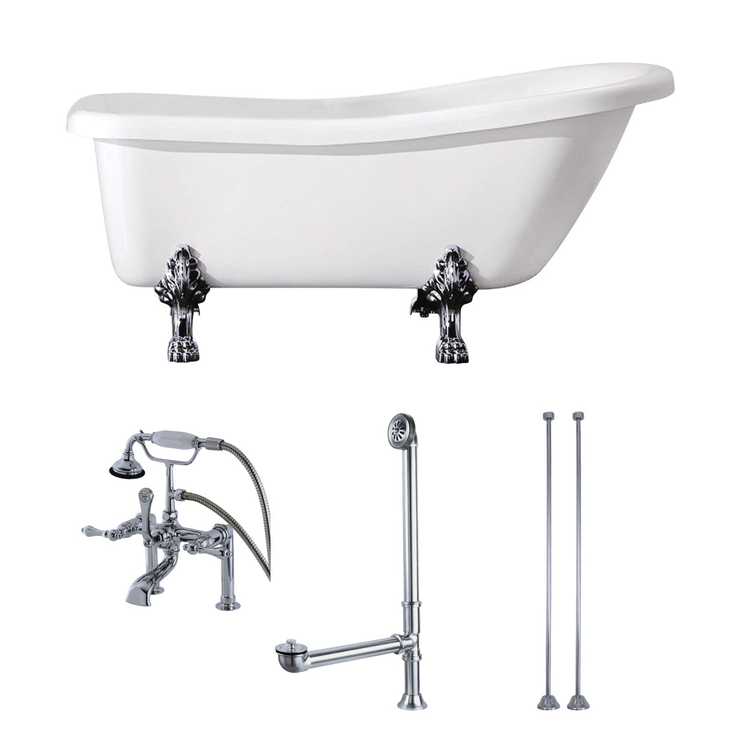 Aqua Eden 67 Inch Acrylic Oval Single Slipper Clawfoot Bathtub with Faucet, Drain & Supply Lines - Glossy White/Polished Chrome - Freestanding Soaking Tub for Bathroom, Spa & Relaxation