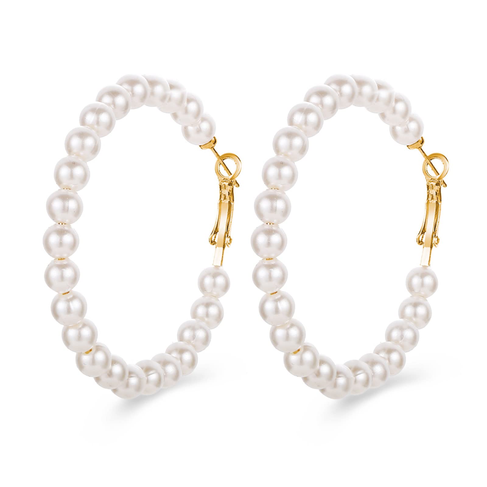 Olbye Pearl Earrings for Women - 14K Gold Plated Geometric Hoop Earrings with Beaded Charm Drop, Elegant Circle Dangle Earrings for Party, Wedding & Daily Wear