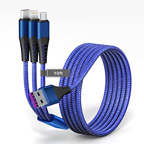 10 Ft 3-in-1 USB Charging Cable - Nylon Braided Fast Charging Cord with PD 6A (USB C/Micro USB/Lightning) for iPhone, Android, Samsung, LG, Pixel, Huawei - Perfect for Home, Office, Travel & Car Charging