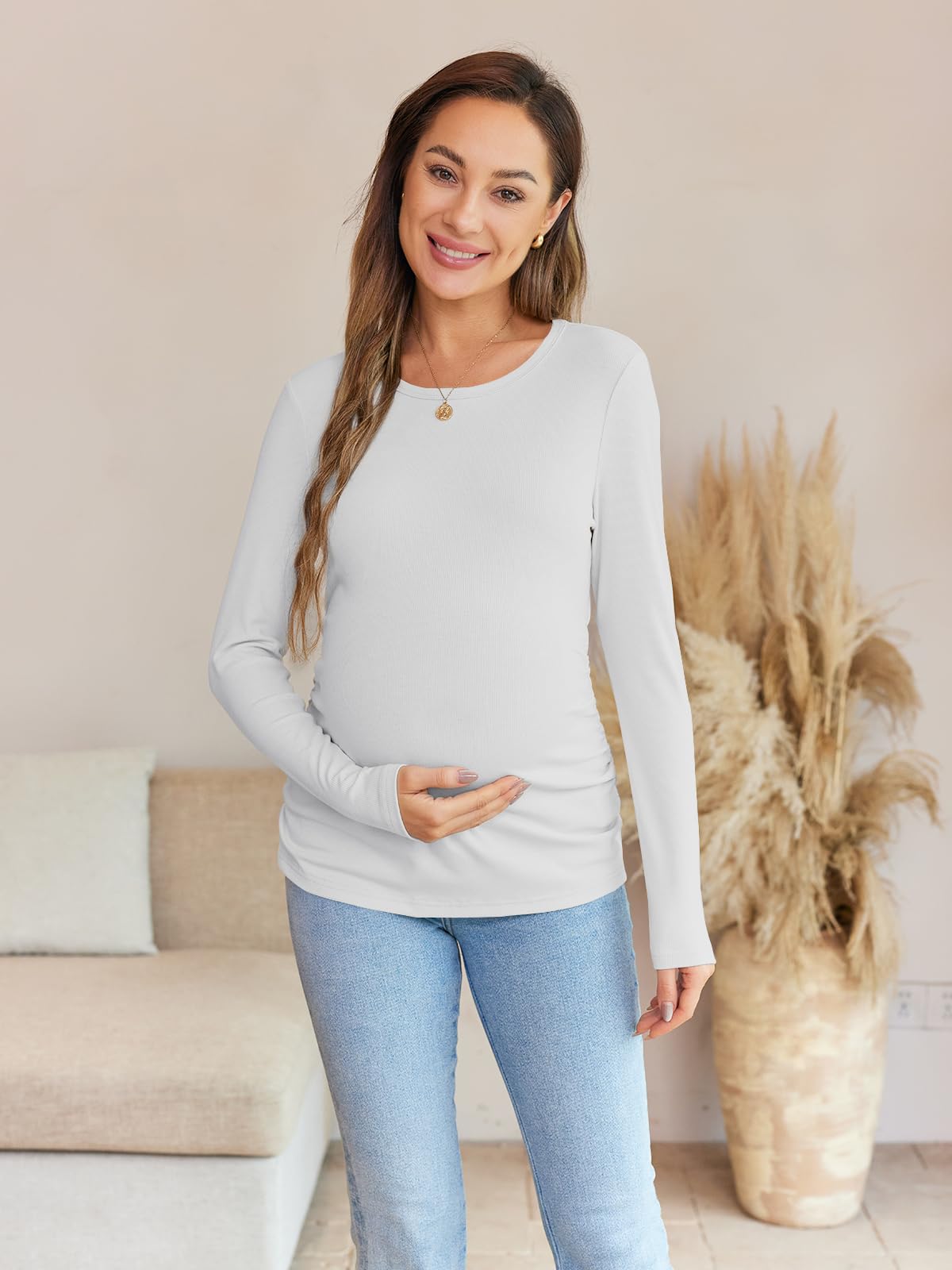 Women's Maternity Fall Tops - Long Sleeve Ribbed Knit Slim Fitted Blouse with Side Ruched Design for Pregnancy | Comfortable Nursing Shirts for Work, Dates & Everyday Wear