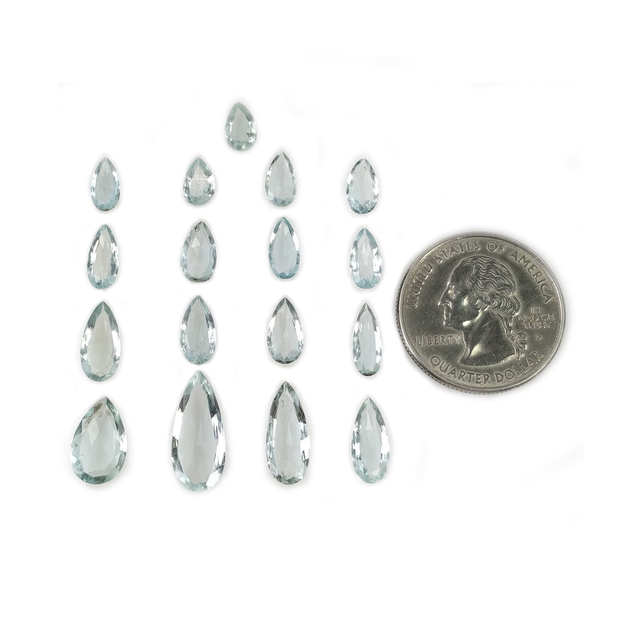 Natural Blue Aquamarine Gemstone Rose Cut - 16.05cts Untreated Pear Shape (8x5mm to 17.5x7.5mm) - 17pcs Set for Jewelry Making, Engagement Rings & Healing Crystals