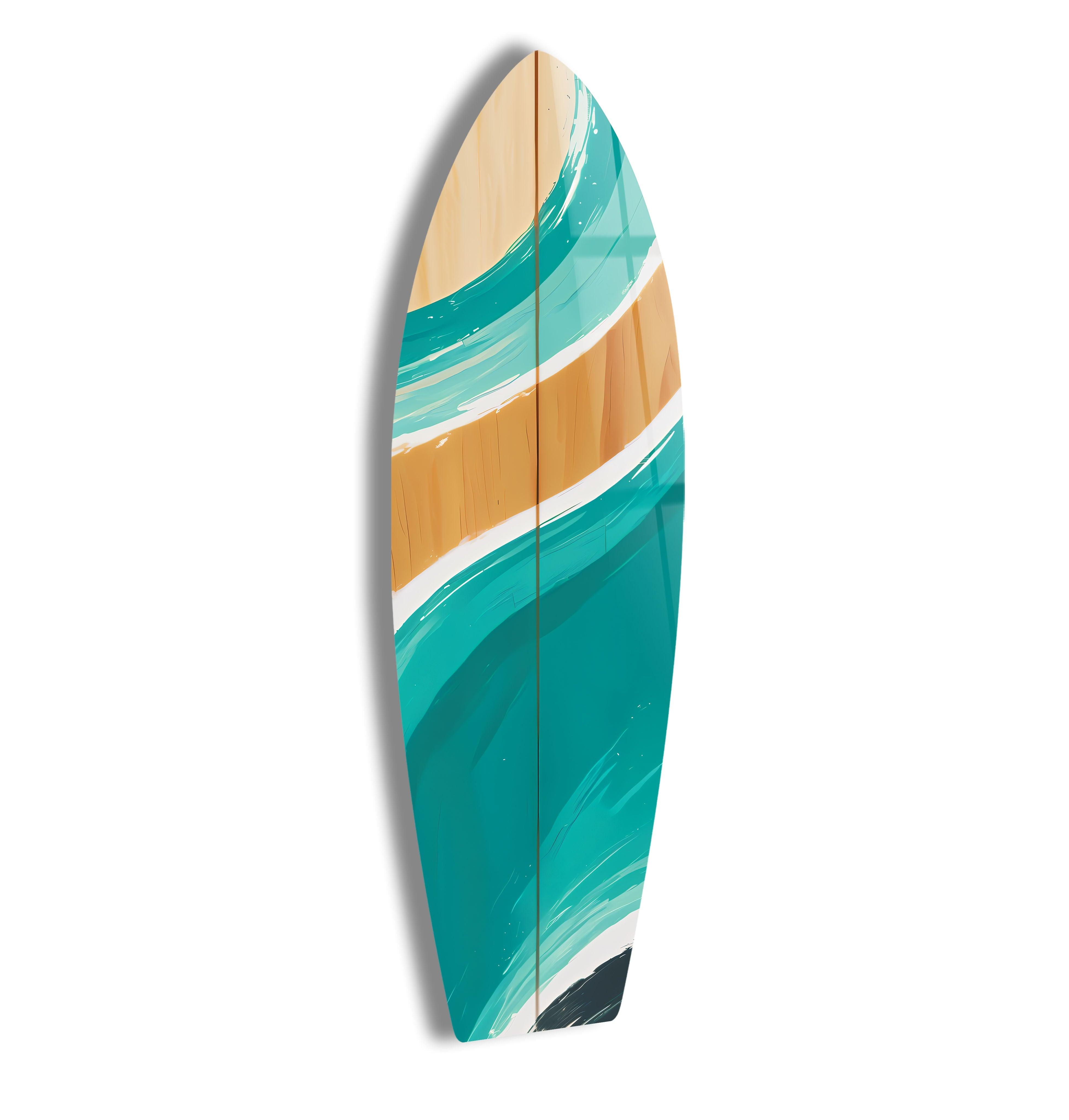 Blue and Brown Surfboard Wall Art Decor - Coastal Beach Theme Surfing Print for Living Room, Bedroom, or Office