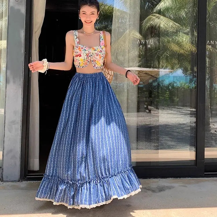 2024 Fashionable A-Line Striped Skirt for Women - High Waist Ruffled Long Skirt for Summer | Casual, Office & Beach Wear