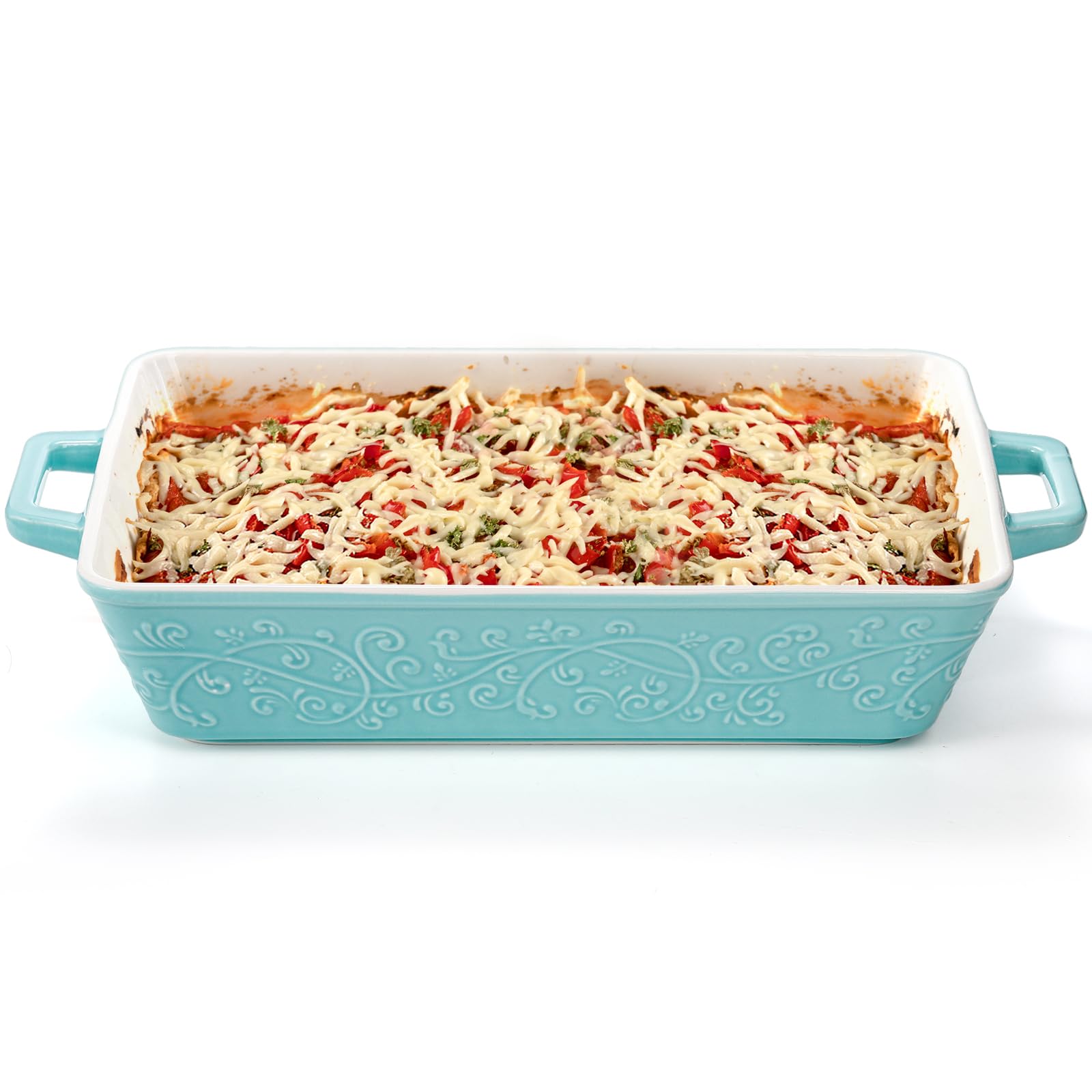 Okllen 3-Piece Ceramic Casserole Dish Set - Oven Safe Rectangular Baking Pans with Handles for Lasagna, Roasting, Broiling & Gratin | Perfect for Home Cooking, Dinner Parties & Wedding/Housewarming Gifts (Blue)