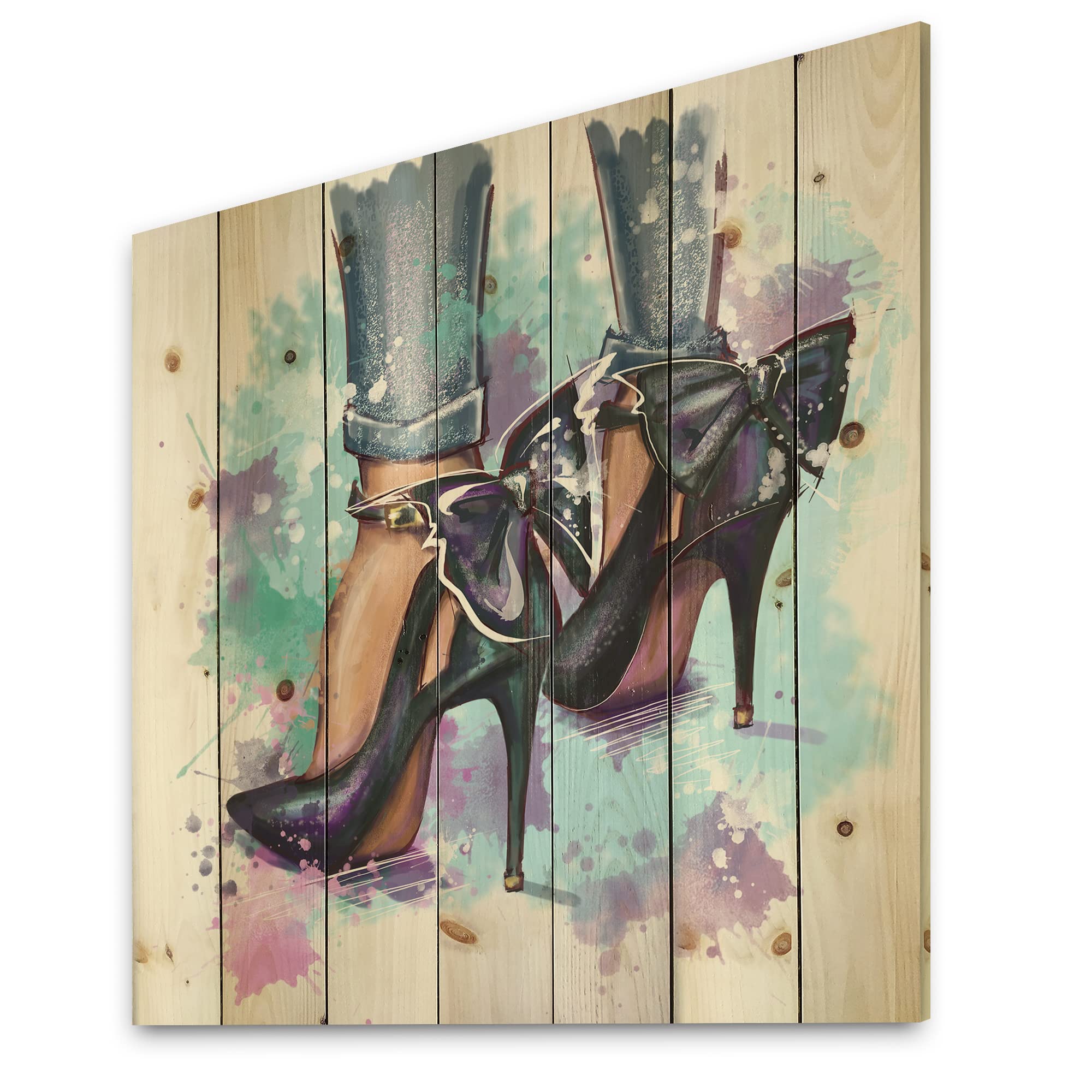 Trendy Fashion Shoes & Modern Wood Wall Decor - Blue Large Wood Wall Art Panels Printed on Natural Pine for Living Room, Bedroom & Office Decor