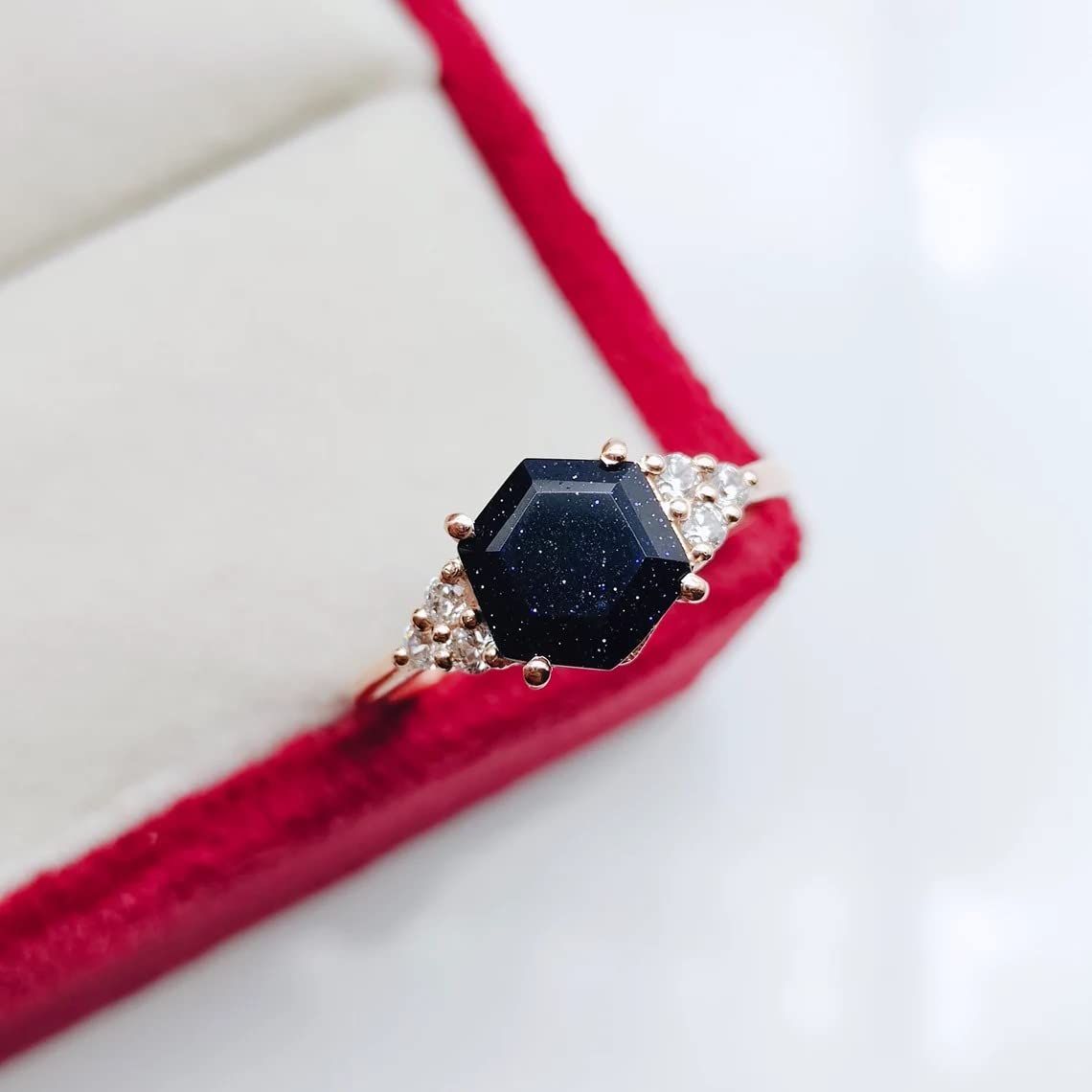 Hexagon Cut Sandstone Ring - 925 Sterling Silver Vintage Cluster Ring for Women, Unique Handmade Jewelry Gift (Blue, Rose Gold, White) | Perfect for Weddings, Anniversaries & Boho Fashion