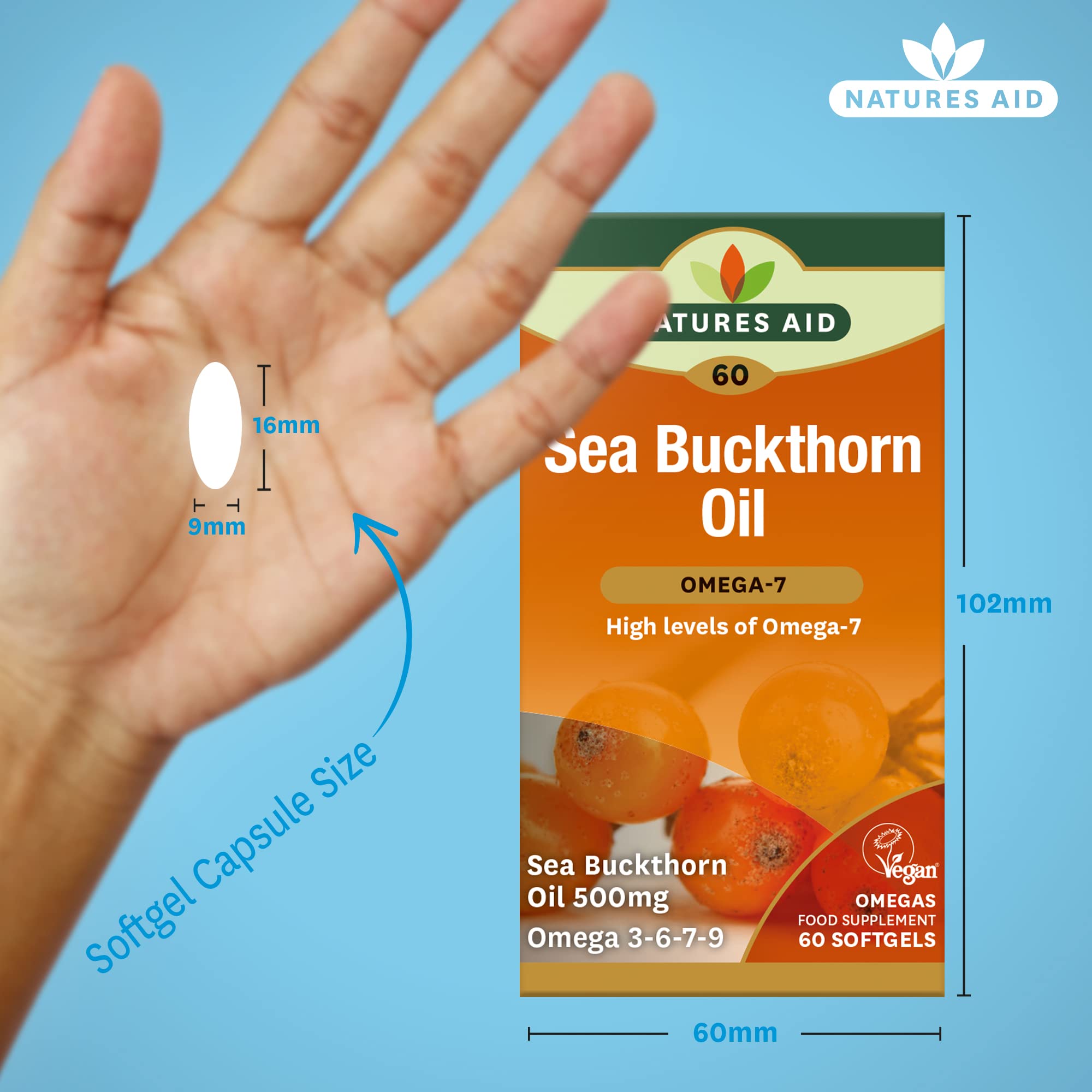 Nature's Aid 100% Pure Omega-7 Sea Buckthorn Oil 500mg - 60 Vegetarian Softgels for Heart Health & Skin Care | Supports Digestion & Immune System | Vegan Supplement for Daily Wellness