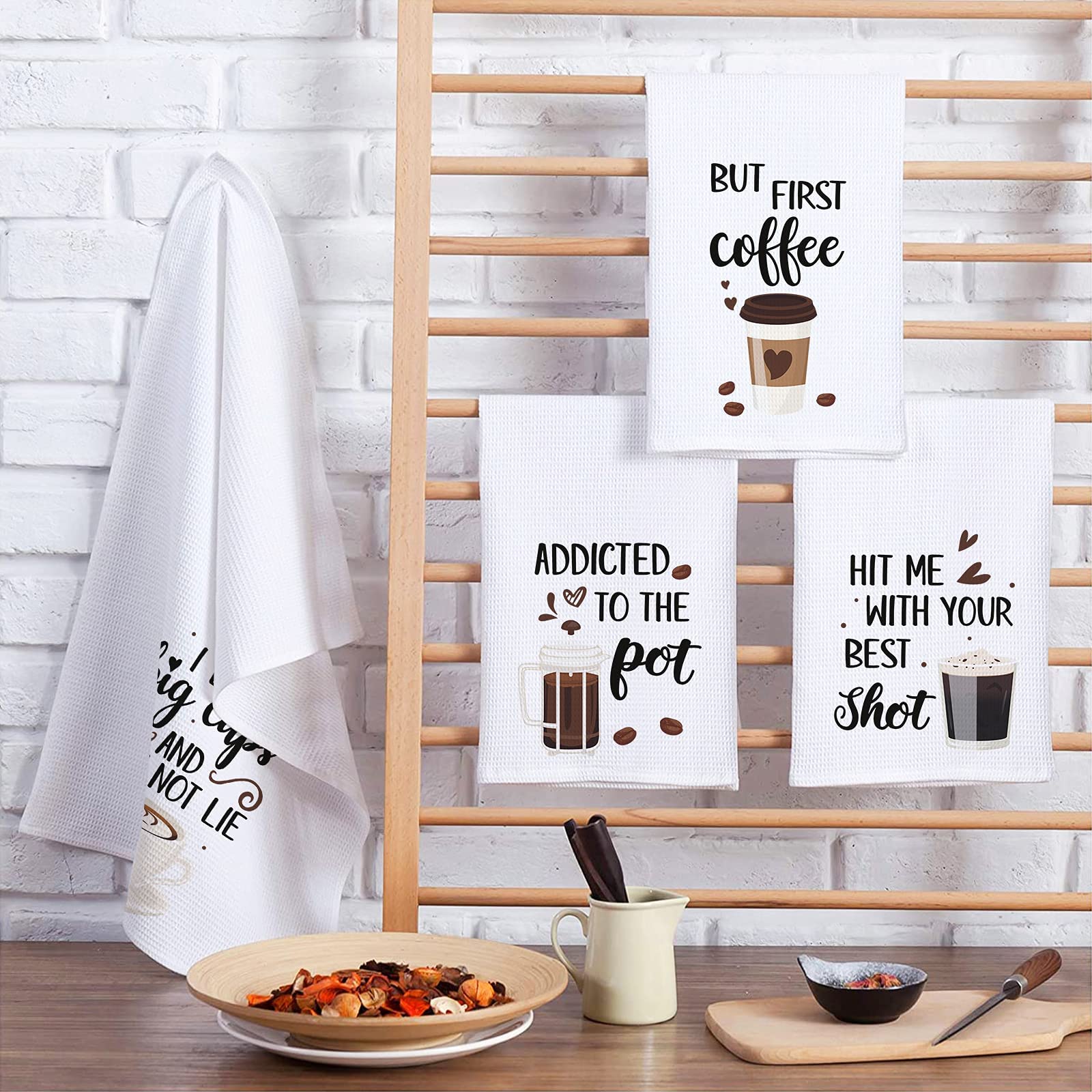 Vansolinne Coffee Kitchen Waffle Towels Set of 4 - Absorbent Dish Towels for Coffee Bar, Hostess Gifts & Home Decor - Perfect for Kitchens, Cafes & Gift Giving