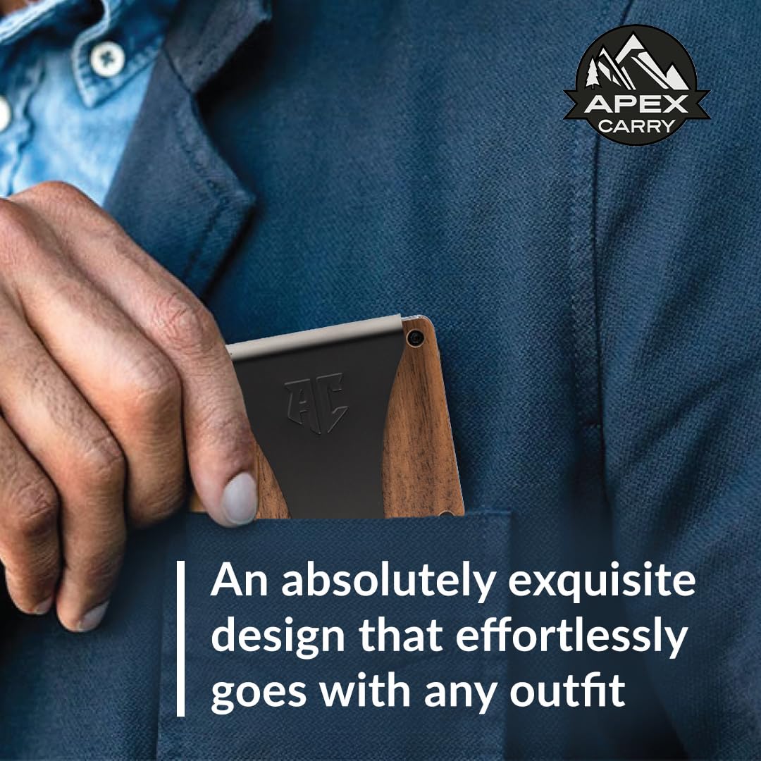 Slim RFID Blocking Minimalist Wallet for Men - Front Pocket Metal Credit Card Holder with Money Clip (Walnut) - Perfect for Travel, Business & Everyday Carry