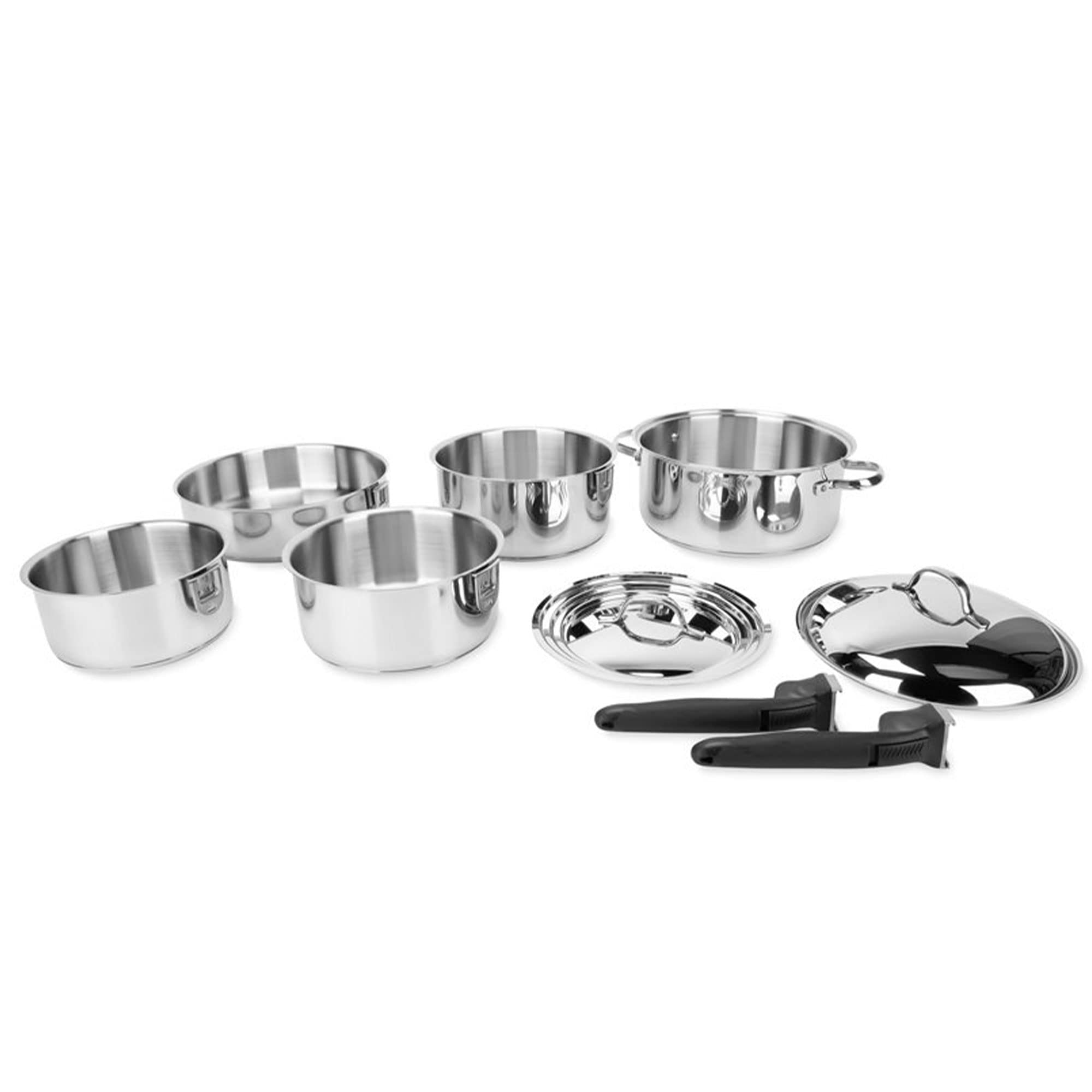 **Camco 10-Piece Stainless Steel Cookware Set with Lids – Nesting Pots & Pans, Detachable Handles & Storage Strap – Perfect for Camping, RV, Boat & Tailgating – Compact & Durable for Outdoor Cooking Adventures**