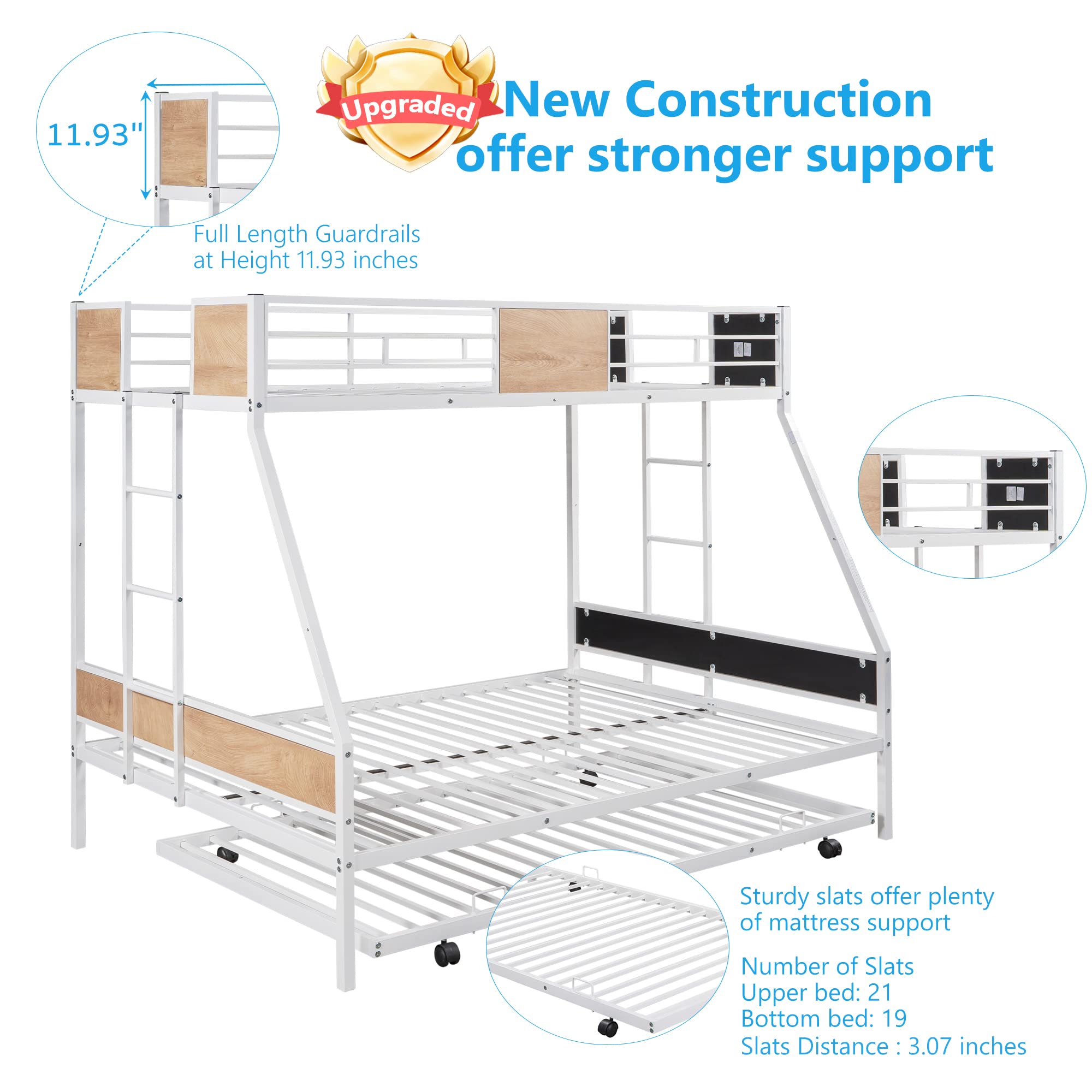 Olela Twin Over Full Metal Bunk Beds with Trundle - Heavy Duty Steel Bed Frame with Safety Rails & Dual Ladders for Kids, Teens & Adults - No Box Spring Needed (White) - Perfect for Small Bedrooms, Guest Rooms & Vacation Homes