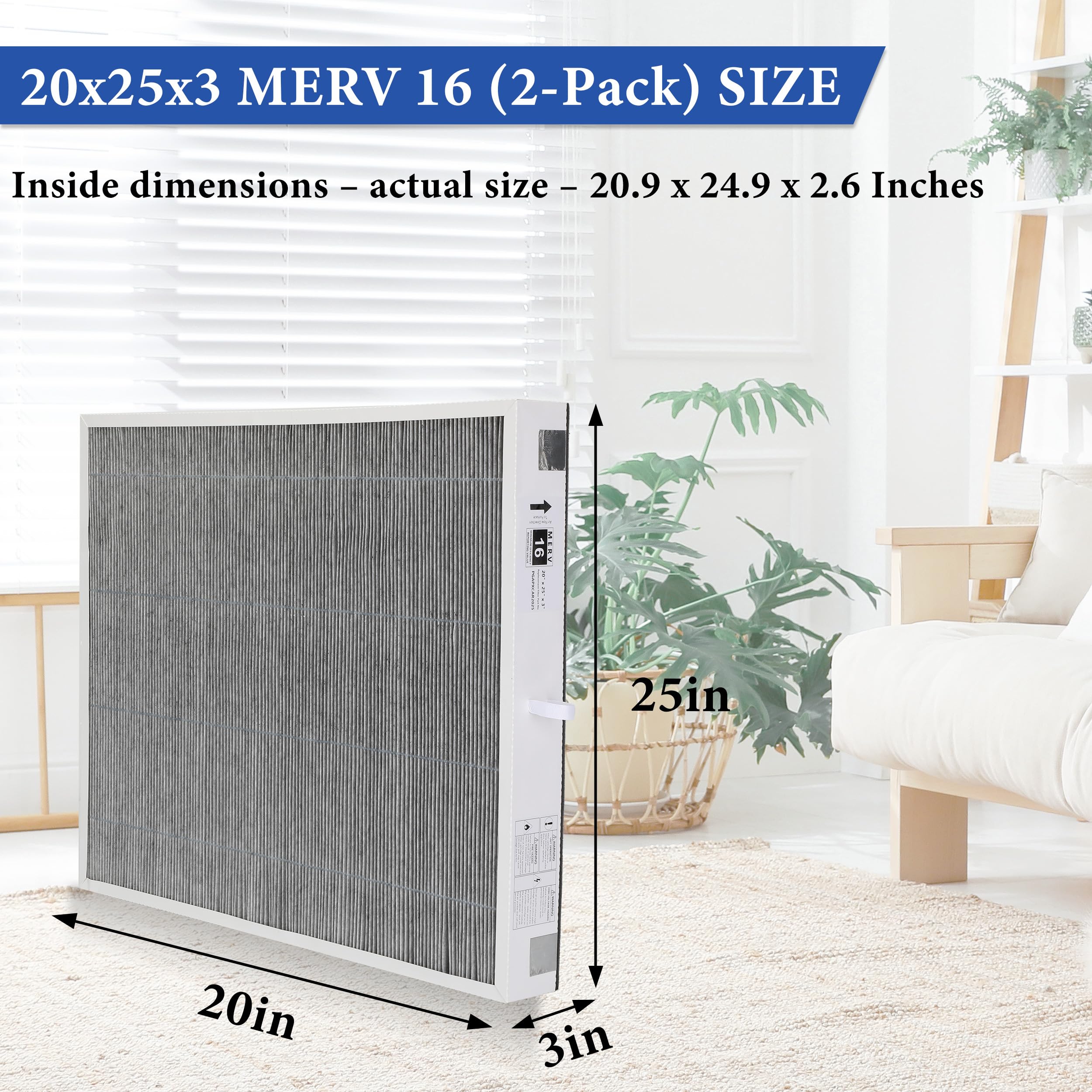 MERV-16 Air Filter for Bryant/Carrier Furnace (2-Pack) - 20x25x3 Replacement Filter Fits PGAPAXX2025, PGAPXCAR2025, AGAPXCAR2025 Models - Ideal for Home HVAC Systems and Allergy Relief
