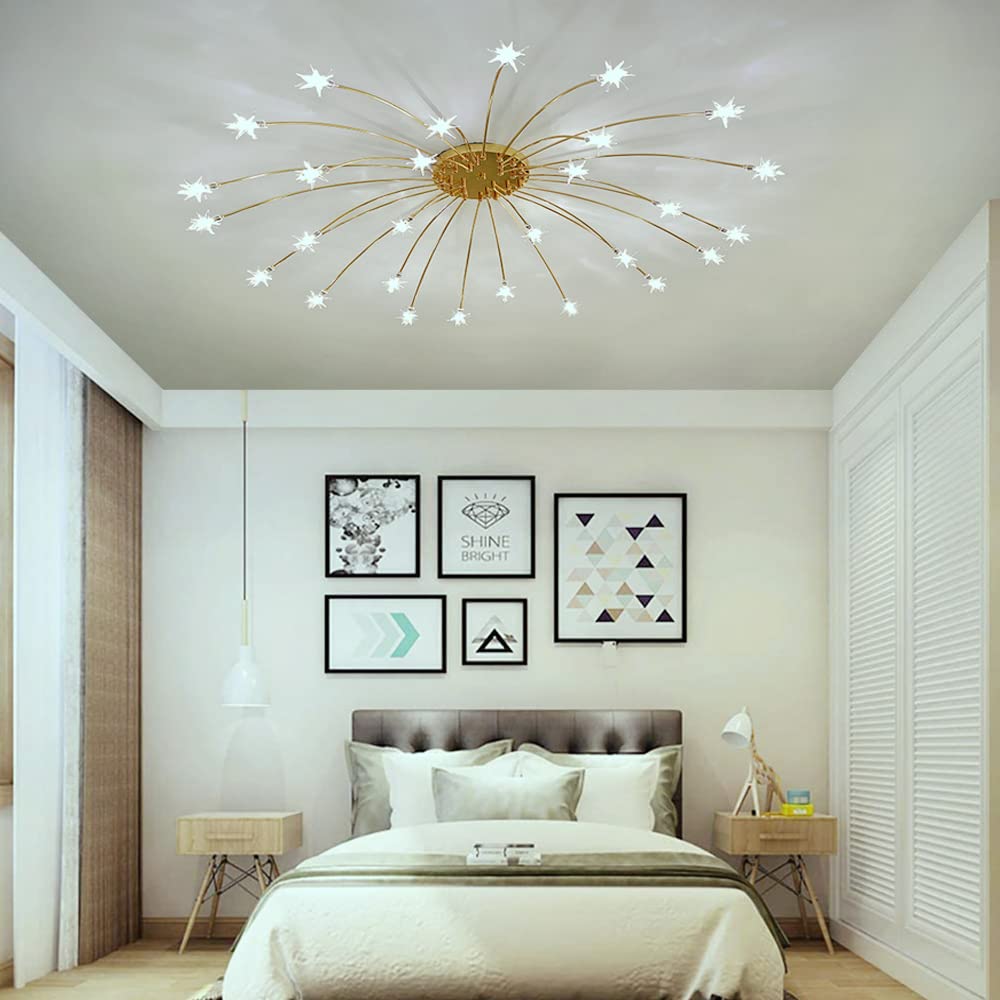 Starry Gold Glass Chandelier LED Ceiling Light - Modern Pendant Lamp for Living Room, Bedroom, Dining Room & Hallway - Elegant Lighting Fixture for Home Decor, Wedding & Restaurant Ambiance