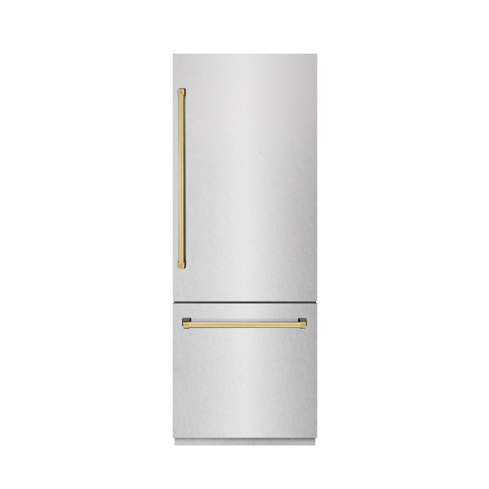 ZLINE Autograph Edition 30-inch 16.1 cu ft Built-In Bottom Freezer Refrigerator with Water Dispenser & Ice Maker - Stainless Steel with Graphite Gray Interior & Gold Accents (GRBIVZ SN 30 G) - Perfect for Modern Kitchens & Open-Concept Homes