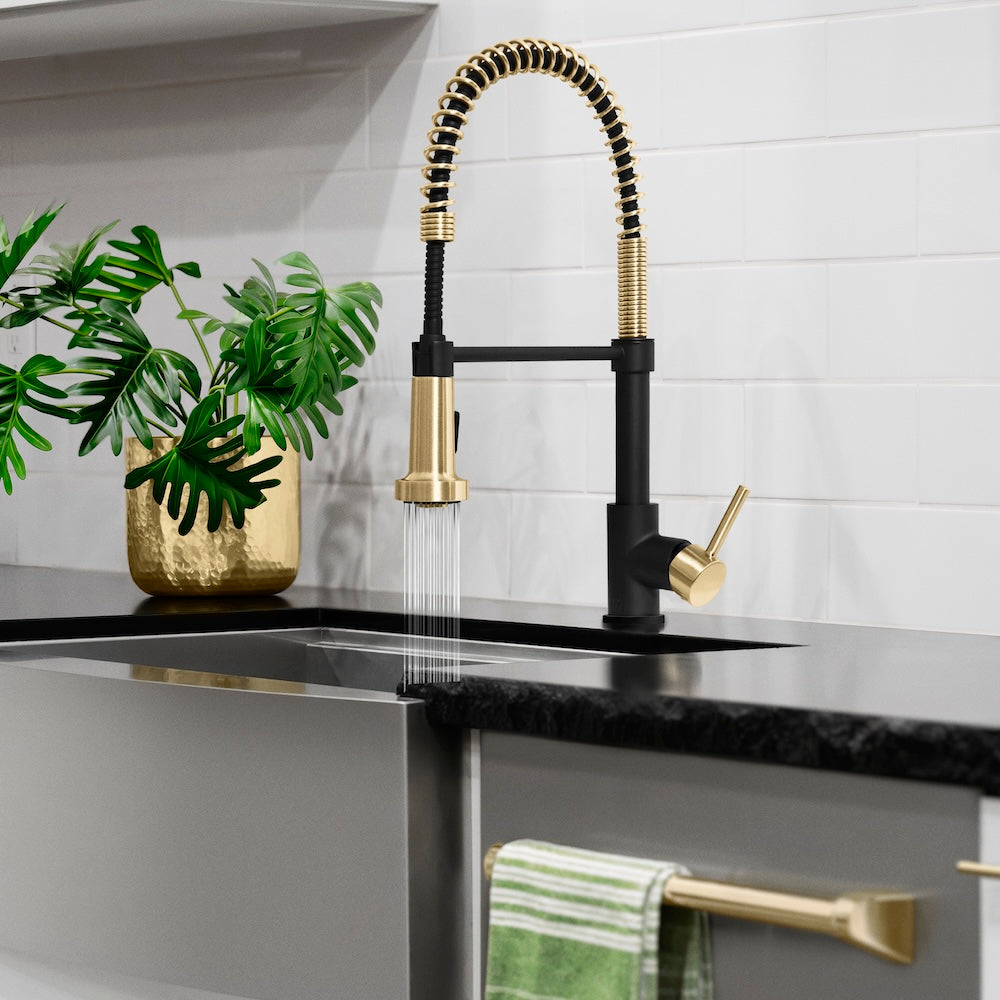 ZLINE Autograph Edition Apollo Pull Down Spring Single Handle Kitchen Faucet in Matte Black & Champagne Bronze - Modern High Arc Design for Easy Dishwashing & Food Prep, Perfect for Farmhouse & Contemporary Kitchens (APL KF ZMBCB)