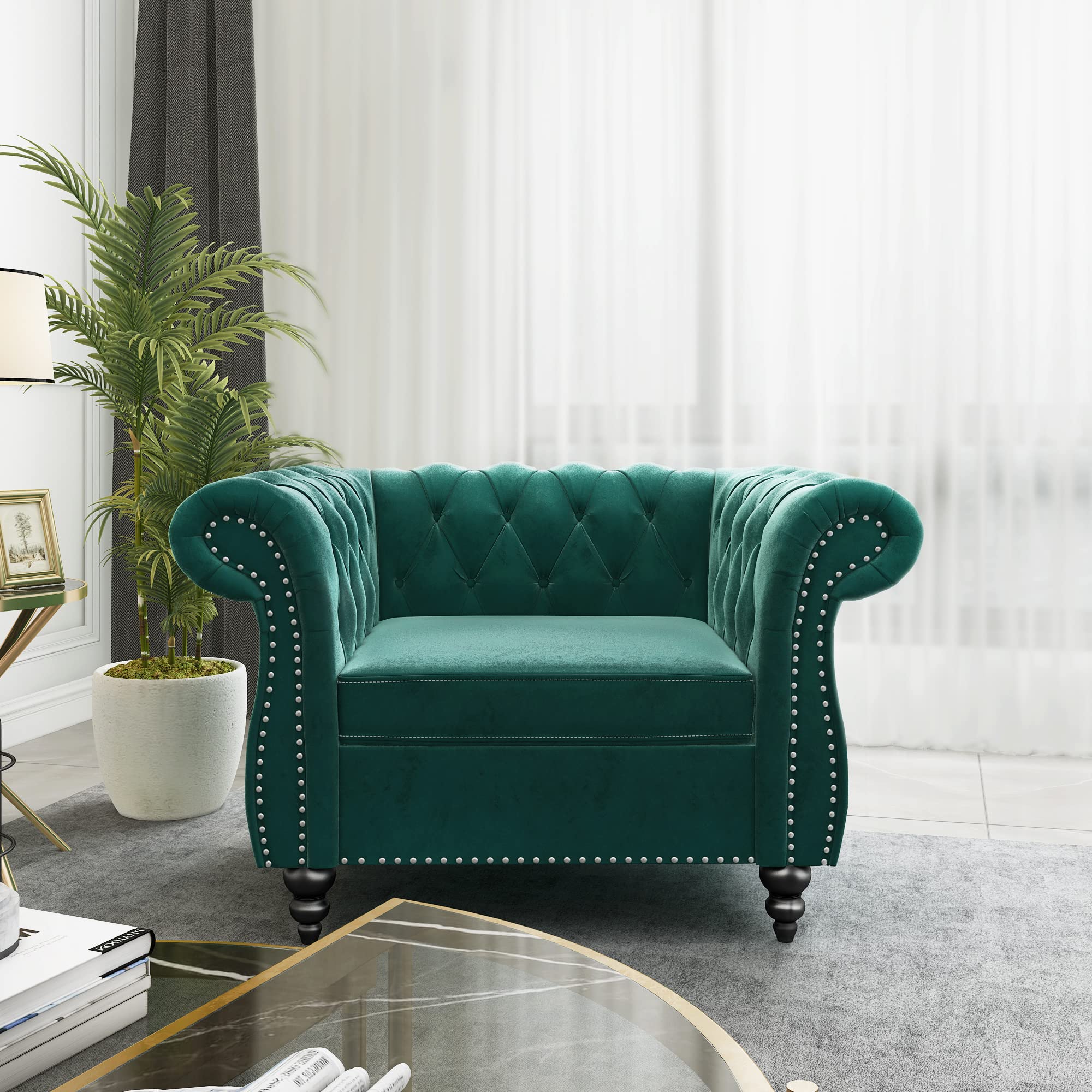 QHITTY Modern Velvet Chesterfield Accent Chair - Tufted Back Upholstered Living Room Furniture in Green | Perfect for Home Office, Lounge & Reading Nook