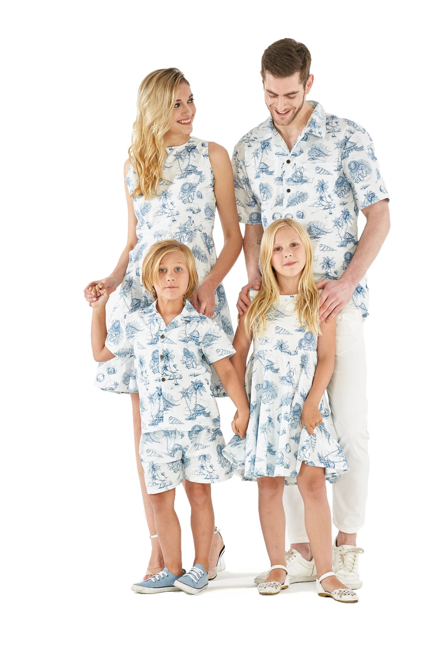 Vintage Tropical Toile Hawaiian Luau Outfits for Family - Matching Men, Women, Boys & Girls Aloha Shirts & Dresses | Beach Party, Summer Vacation & Theme Party Wear