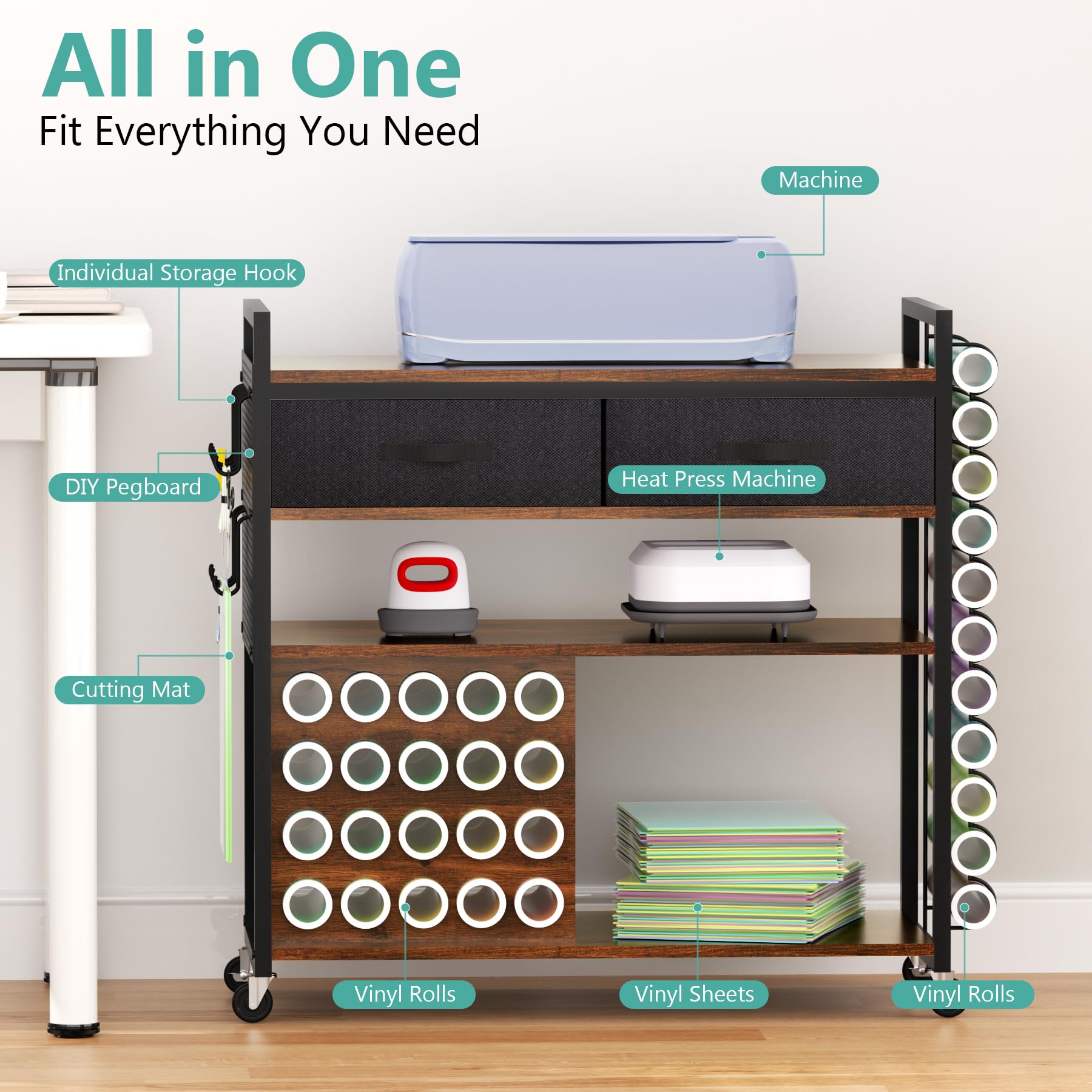 Multi-Functional Craft Storage Cart with Vinyl Roll Holder - Large Sturdy Organizer Compatible with Cricut Machines | Perfect for Craft Room Organization & Scrapbooking Supplies Storage