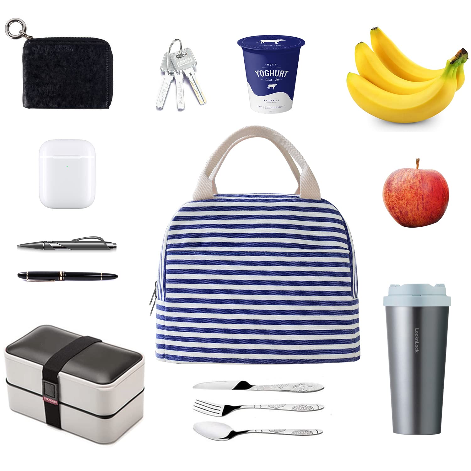 EurCross Insulated Lunch Bag for Women & Men - Blue & White Stripes Cooler Tote, Thermal Bento Box Bag for Work, Picnic, Beach & Outdoor Activities | Portable Canvas Lunch Tote with Temperature Control