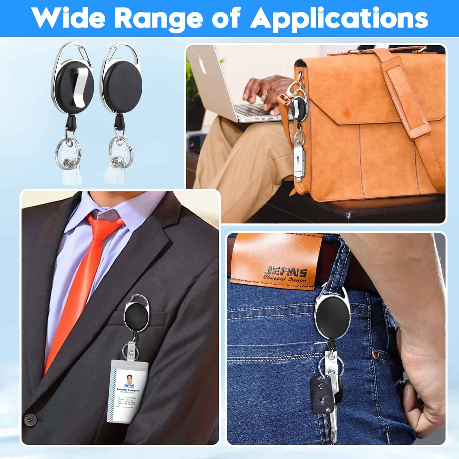 Selizo 6-Pack Retractable ID Badge Holder Reel with Clip - Black | Secure Key Card & Employee Badge Holder for Work, Events & Conferences