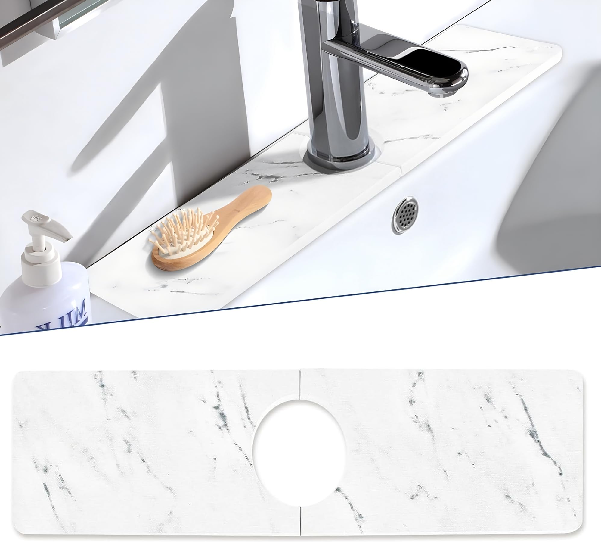 Premium Diatomaceous Earth Sink Splash Guard - Absorbent Kitchen Faucet Mat & Drip Catcher for Sink & Bathroom (15.35 x 3.93 Inches, White) | Prevents Water Spills & Protects Countertops