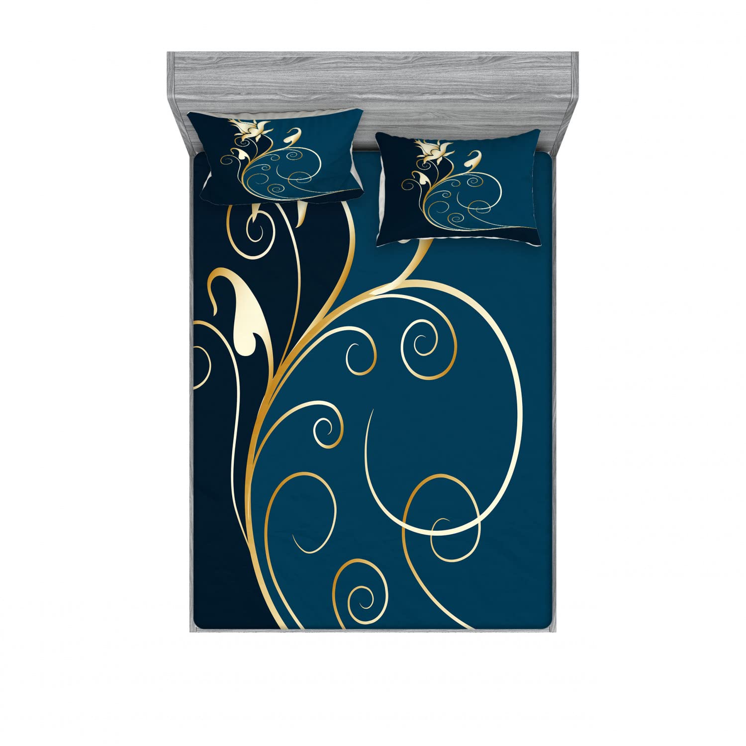 Ambesonne Floral 2-Pack Queen Size Fitted Sheet & Pillow Sham Set - Swirled Flower Petals Design in Petrol Blue & Dark Blue - 4 Piece Bedding Decor for Master Bedroom or Guest Room - Includes 2 Fitted Sheets & 4 Pillow Covers - Perfect for Home Decor, Housewarming Gifts & Cozy Bedroom Upgrade