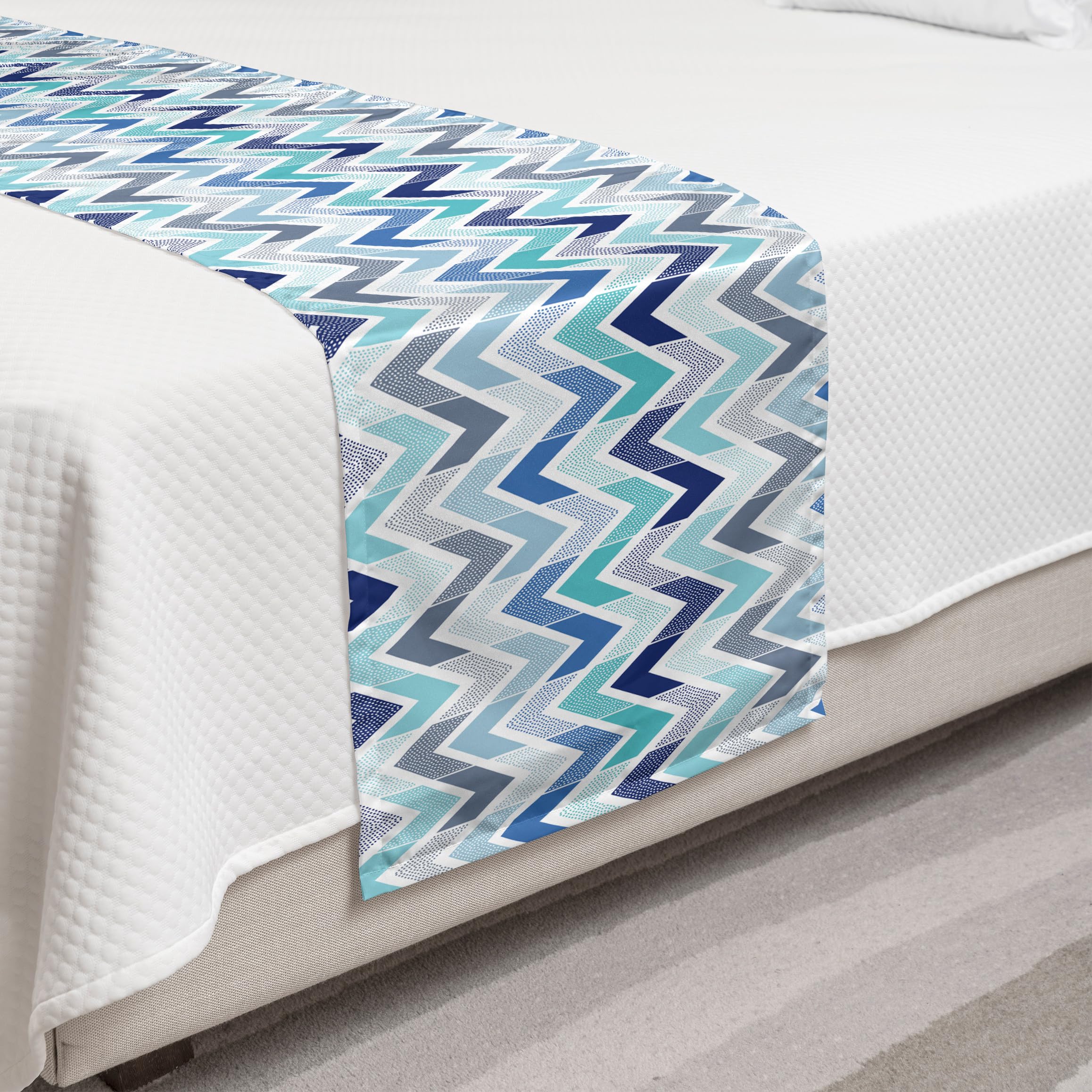 Ambesonne Modern Bed Runner - Doodle Style Dots & Zigzag Pattern with Asymmetrical Lines - Blue & White Decorative Bed Scarf for Hotels, Homes & Guest Rooms | Perfect for Bedroom Decor, Sofa Cover & Home Styling
