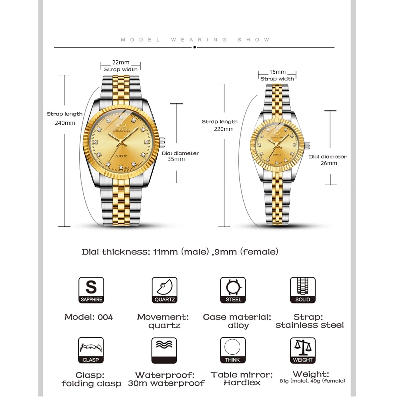 MASTOP Swiss Couple Watches - Luxury Gold Stainless Steel Waterproof Quartz Watch for Men & Women | Perfect for Anniversary Gifts, Date Nights & Romantic Occasions