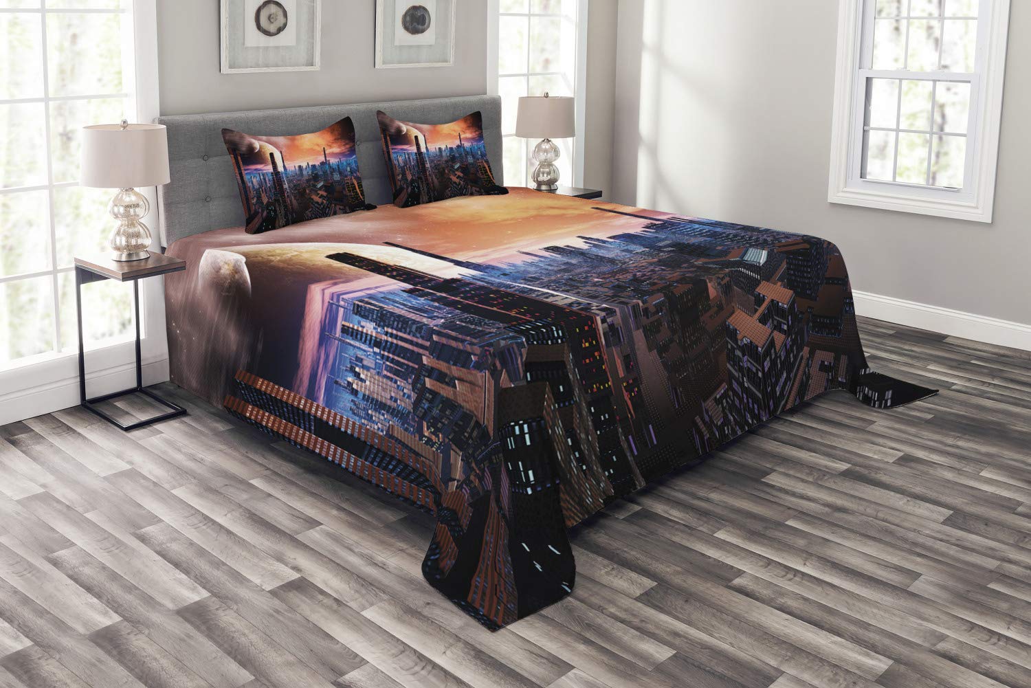 Ambesonne Futuristic Cityscape Bedspread Set - Sci-Fi Inspired Distant World Design with Planets in Sky, 3-Piece King Size Bedding (Coverlet + 2 Pillow Shams) in Orange Blue Cinnamon - Perfect for Sci-Fi Lovers' Bedroom Decor & Themed Home Styling