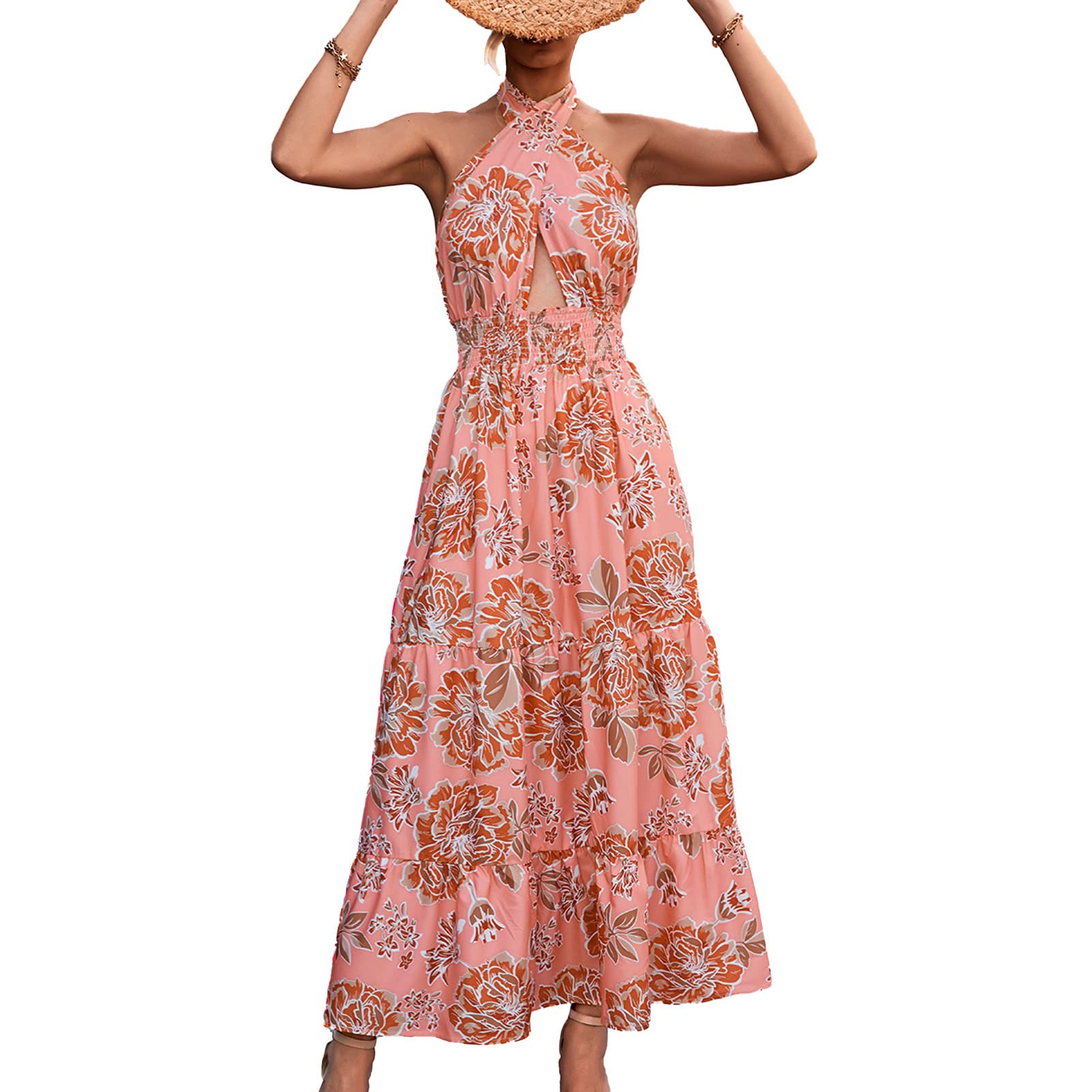 Floral Print Halter Neck Backless Maxi Dress - Sleeveless Plaid Cut Out Beach Dress with Elastic Waist | Perfect for Summer Vacations, Beach Parties & Boho Fashion