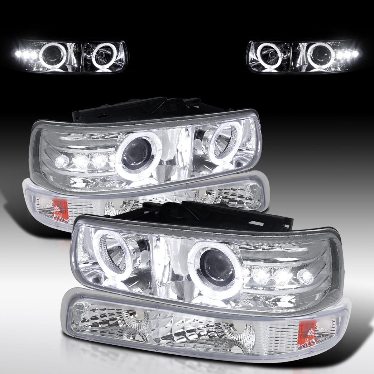 AUTOZENSATION LED Halo Chrome Projector Headlights & Bumper Lights - Compatible with 1999-2002 Chevy Silverado 1500/2500/3500 & 2000-2006 Tahoe - Left+Right Pair Headlamp Assembly - Upgrade for Night Driving & Off-Road Adventures