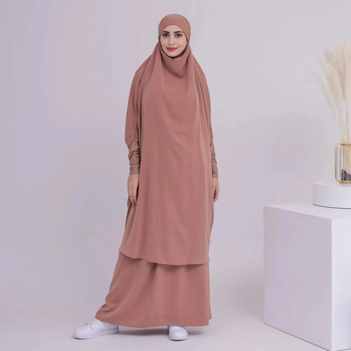 2-Piece Islamic Prayer Abaya Dress Set with Tops & Skirt - Modest Muslim Women's Jilbab Outfit for Prayer, Mosque & Daily Wear #25423