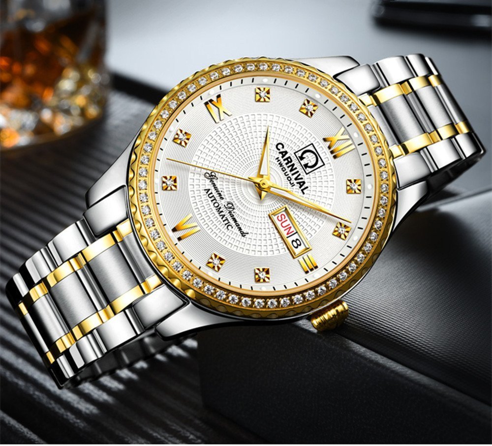 Gosasa Swiss Made Men's Luxury Gold Watch - Automatic Analog Display with Calendar, Week Indicator & Luminous Hands - 18K Gold Plated Stainless Steel Diamond Watch for Business, Formal Events & Special Occasions