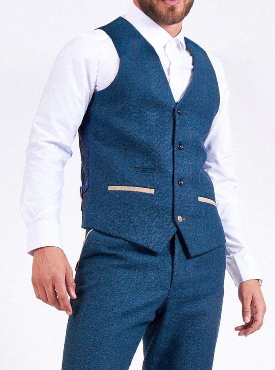 Marc Darcy Dion Men's Blue Check Tweed Waistcoat Vest - Stylish Formal & Casual Wear for Weddings, Parties & Office
