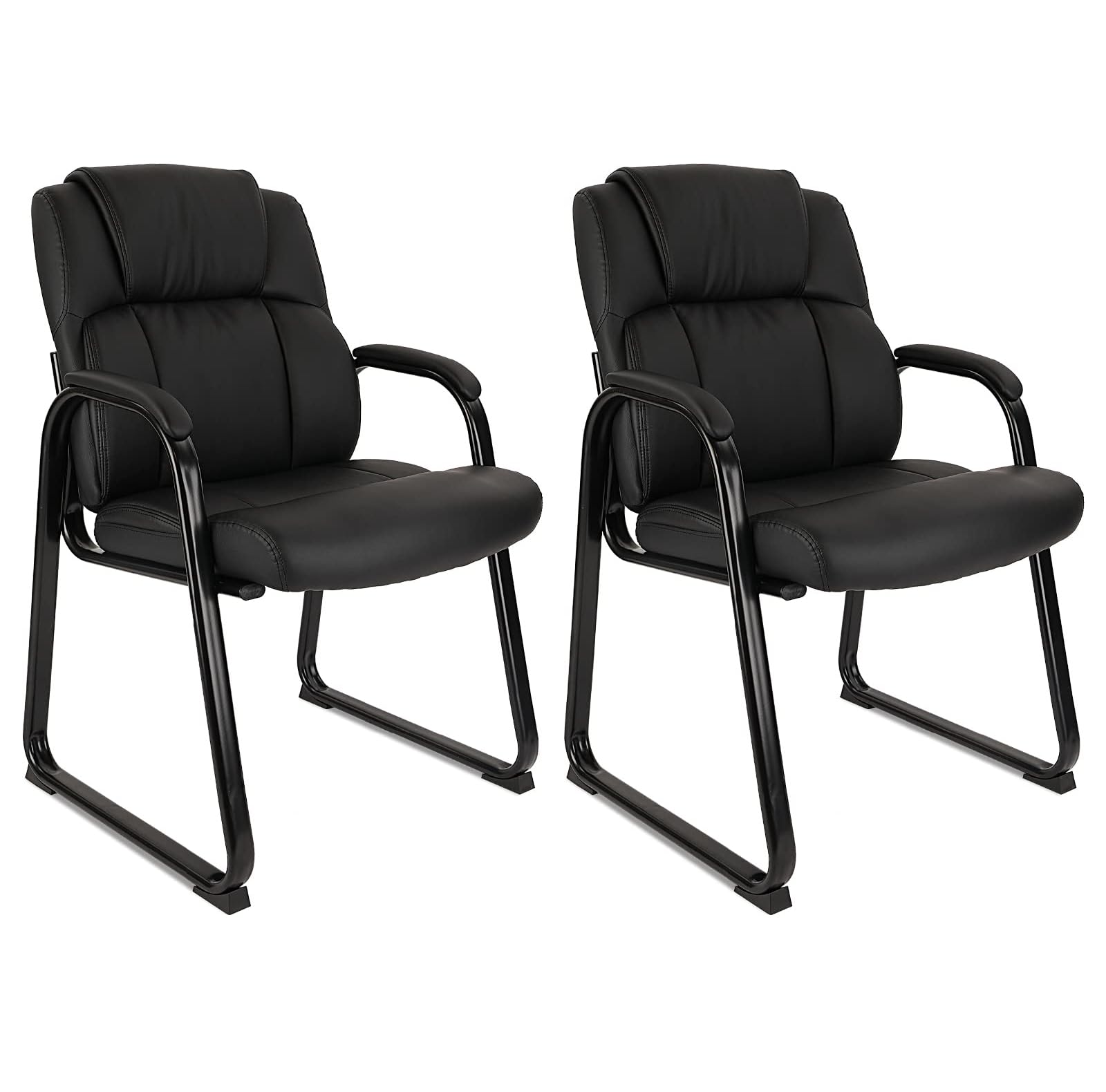 CLATINA Office Guest Chair - Leather Reception Chair with Bonded Padded Armrests & Sled Base, No Wheels Desk Chair for Conference, Waiting Room, Home Office (Set of 2, Black) - Perfect for Reception Areas, Business Meetings, and Home Workspaces