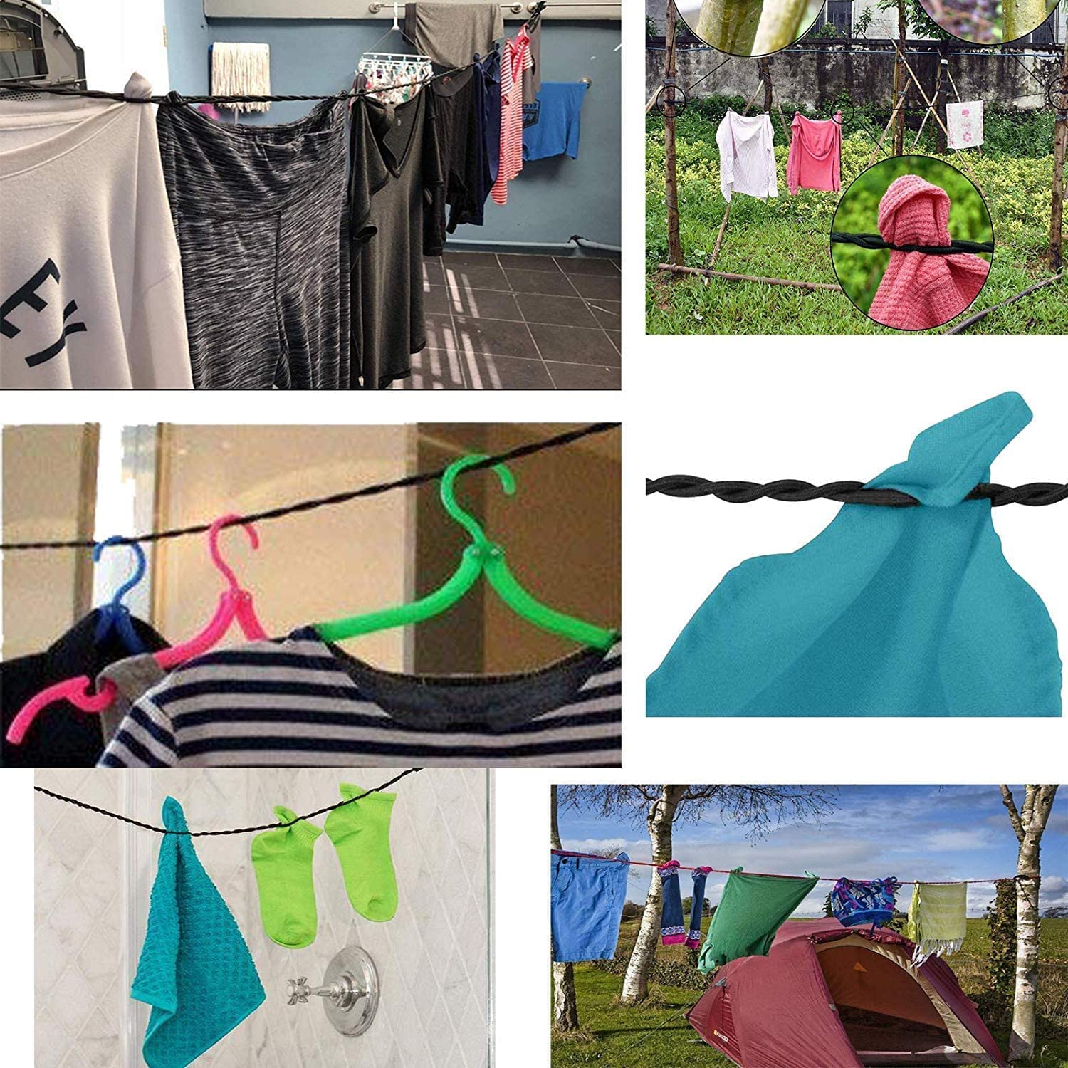 Braided Elastic Travel Clothesline with 2 Strong Suction Cups | Portable Laundry Drying Rope for Camping, Hiking & Hotels | Secures to Walls, Tiles, Trees or Poles | Quick-Dry Bungee Cord for Outdoor & Travel Use