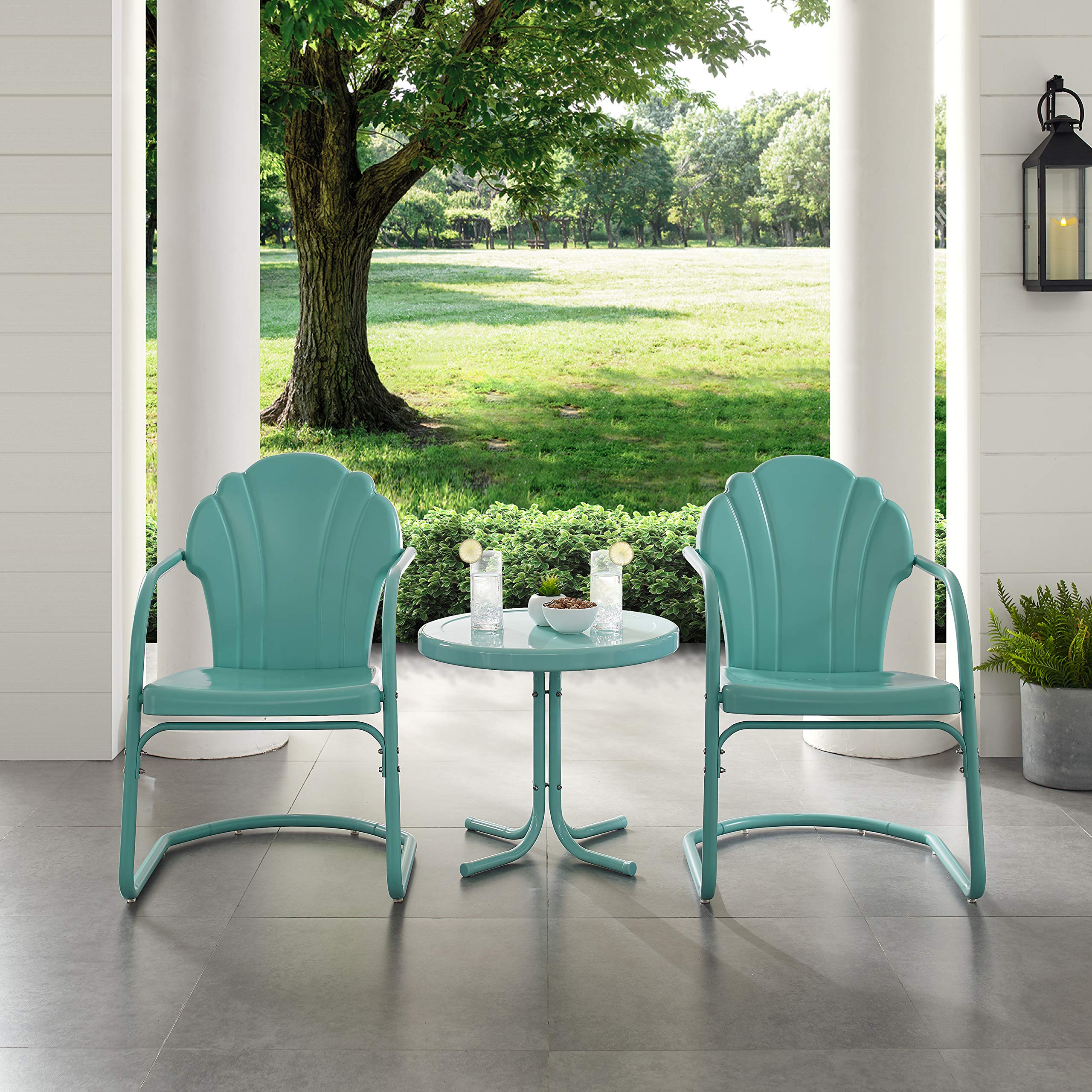 Crosley Furniture Tulip 3-Piece Outdoor Bistro Set - Retro Metal Patio Chairs and Side Table in Blue - Perfect for Garden, Balcony, and Poolside Relaxation