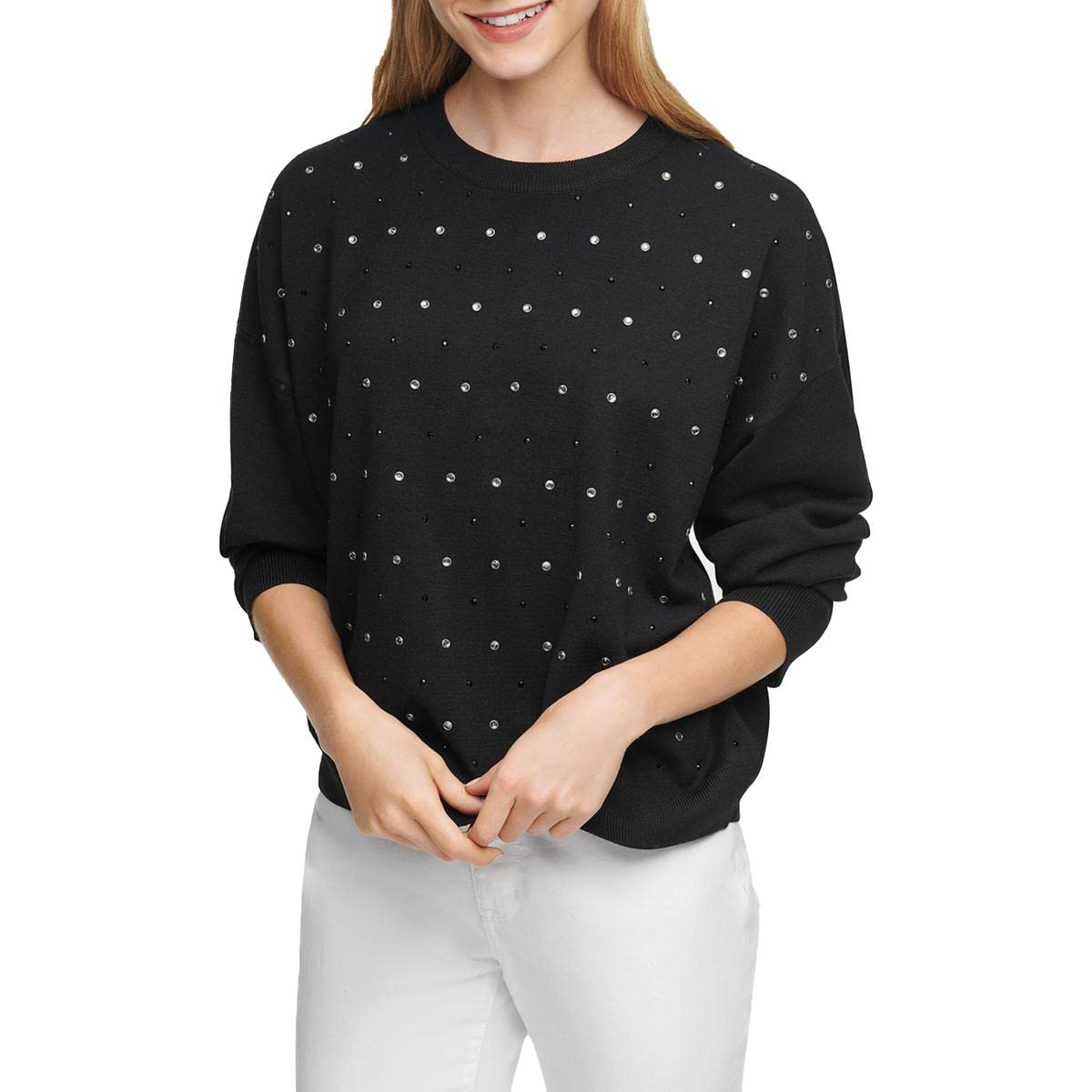 DKNY Women's Embellished Dolman Sweater - Black Size M | Casual Chic Pullover for Work, Date Night & Fall Layering