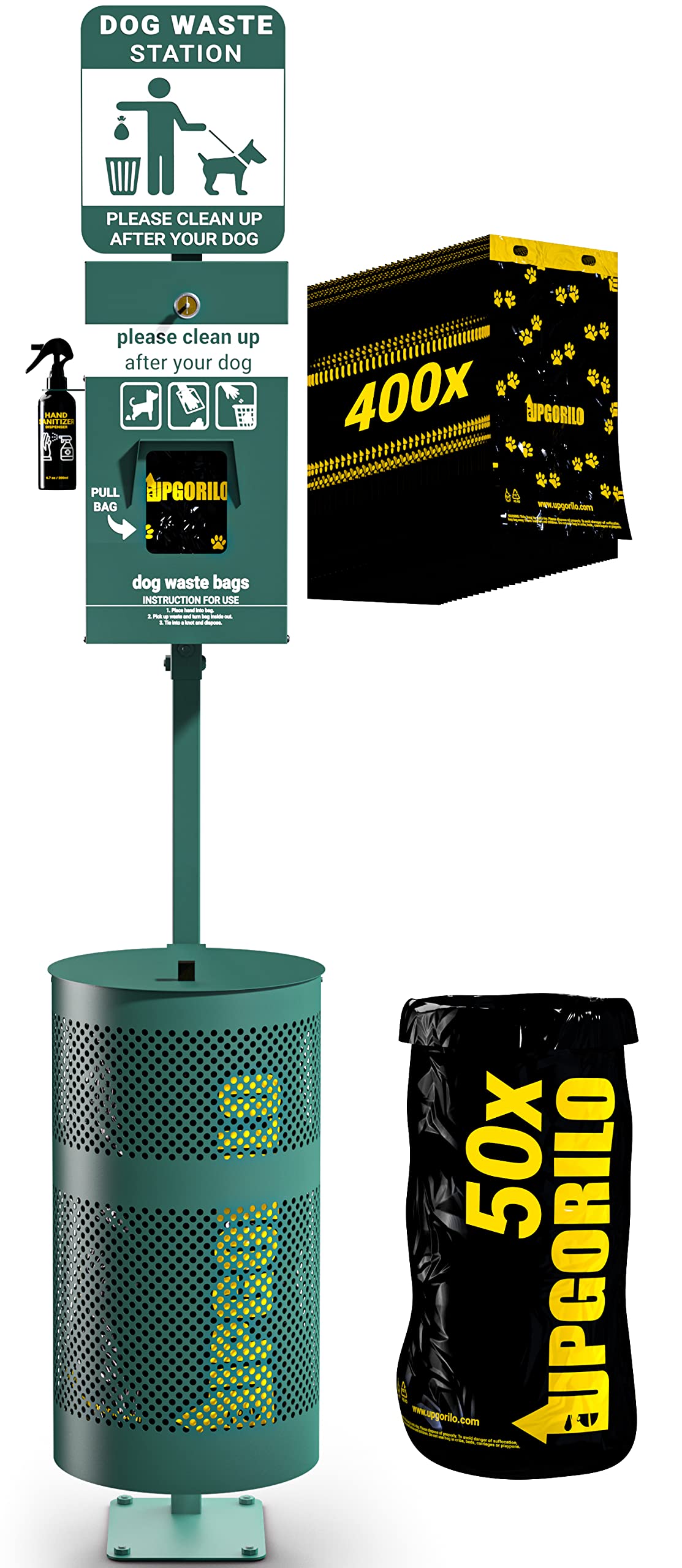 Glow in the Dark Pet Waste Station with 400 Dog Waste Bags & 50 Can Liners - Outdoor Dog Poop Dispenser with Sign, Hand Sanitizer & Trash Can for Parks, Backyards & Community Areas