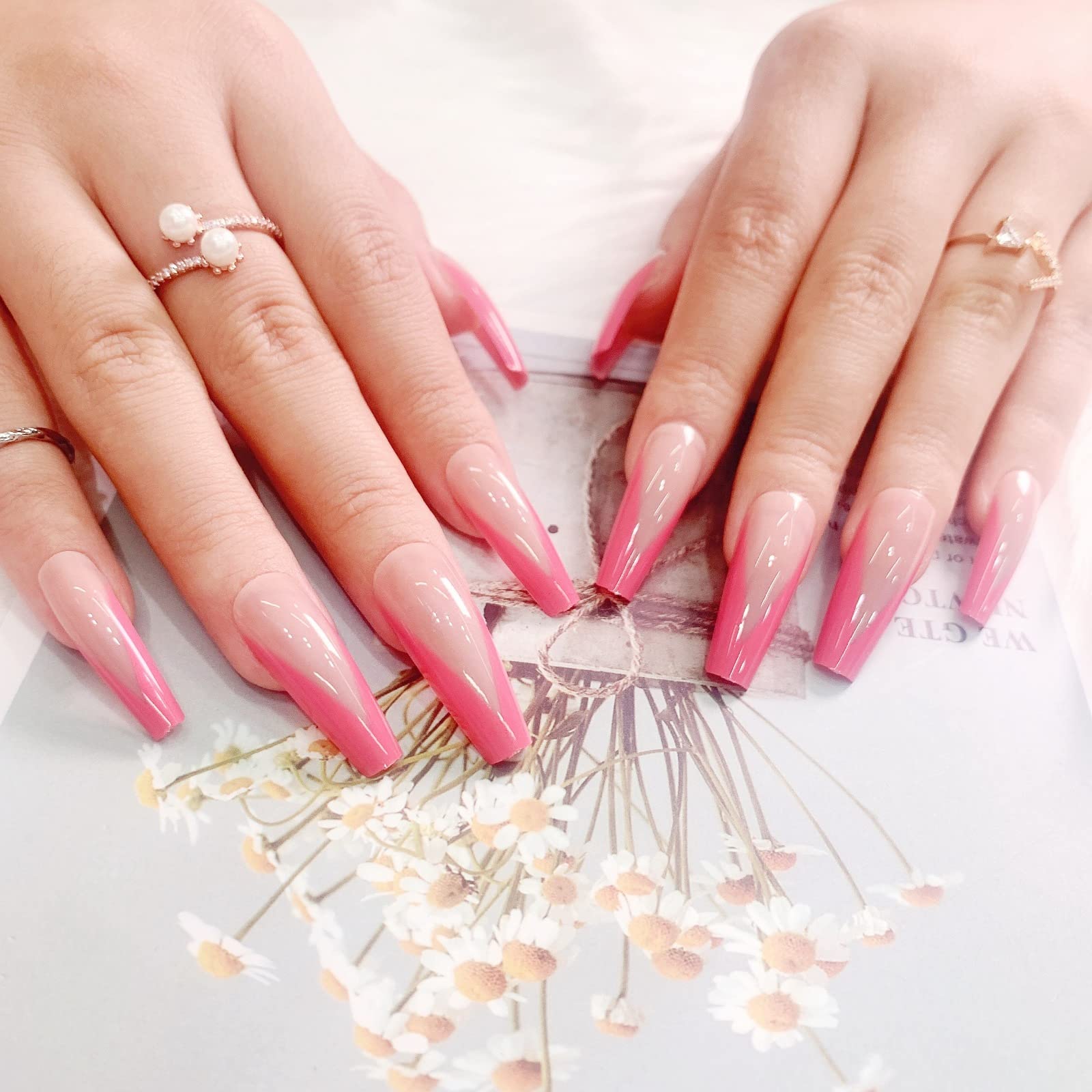 24Pcs Full Cover French Press on Nails - Coffin Shape Acrylic Fake Nails for Women, Reusable False Nails with Pink French Tip Design | Perfect for Parties, Weddings, Date Nights & Special Occasions