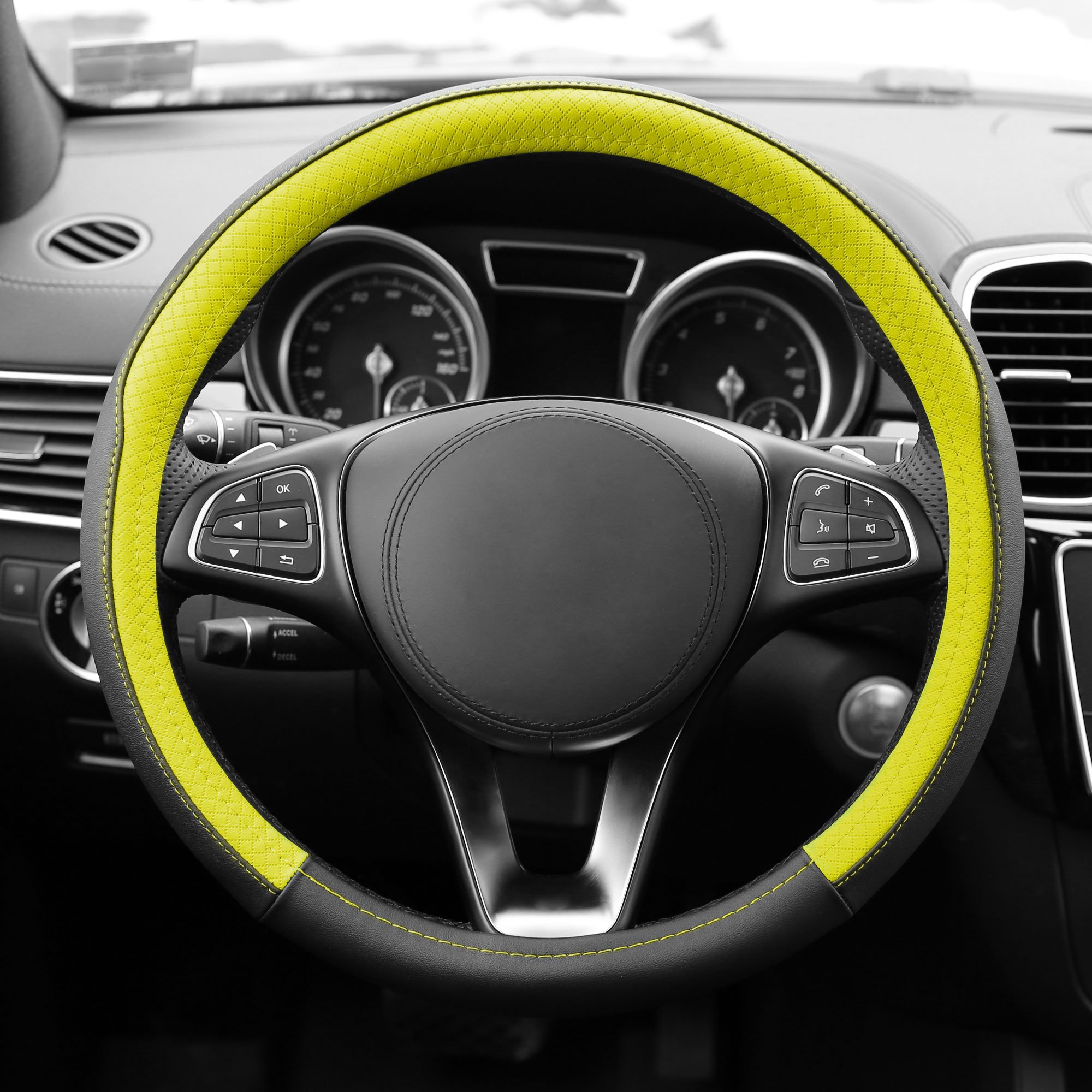 FH Group Geometric Chic Microfiber Leather Steering Wheel Cover - Universal Fit for Cars & SUVs, Non-Slip Grip, Yellow - Upgrade Your Driving Comfort & Style