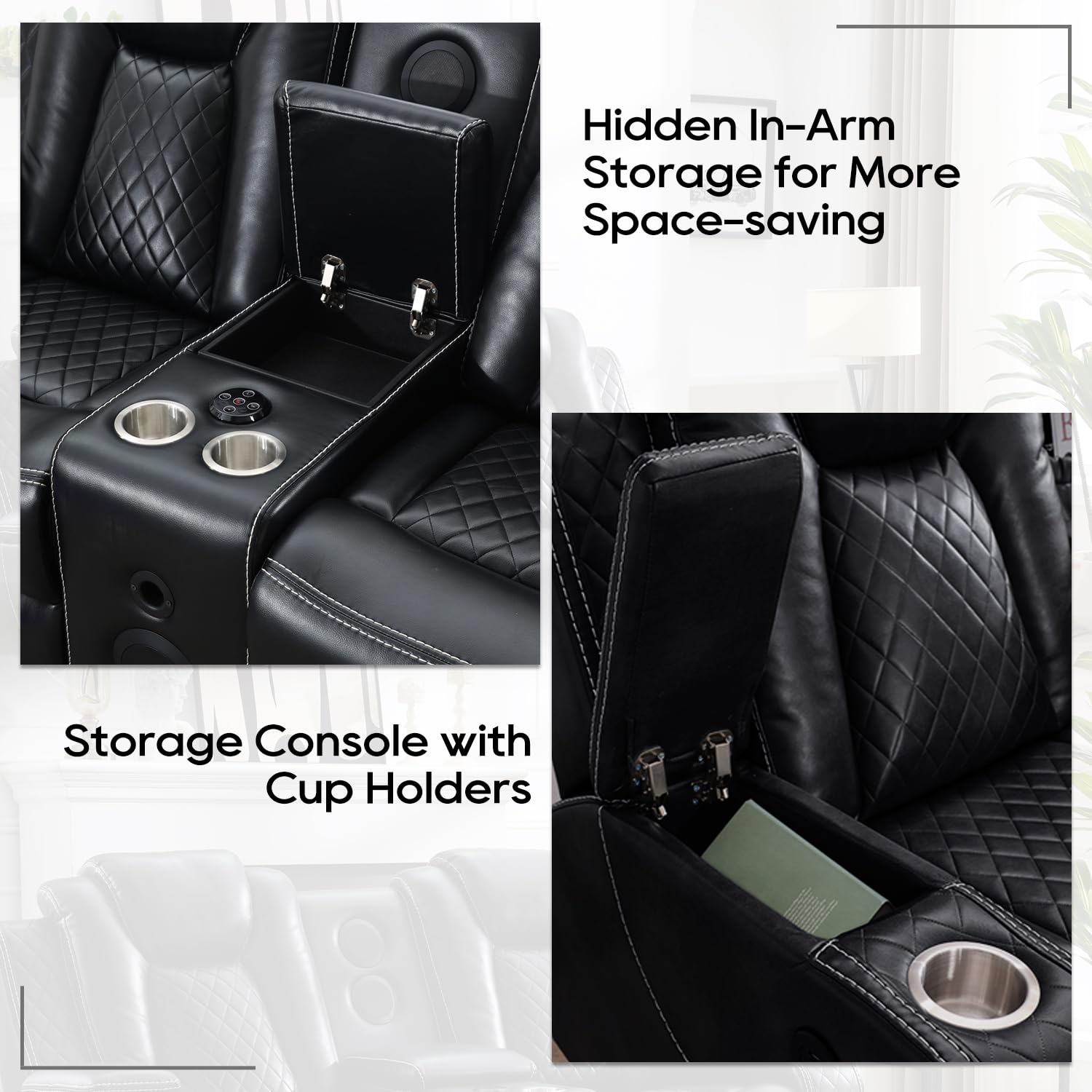 Premium Faux Leather Power Recliner Sofa Set with Bass Speaker & Wireless Charger - 3-Seater Reclining Couch & Loveseat with LED Lights & Reading Light - Modern Home Theater Living Room Furniture (Black) - Perfect for Movie Nights, Gaming, and Family Relaxation