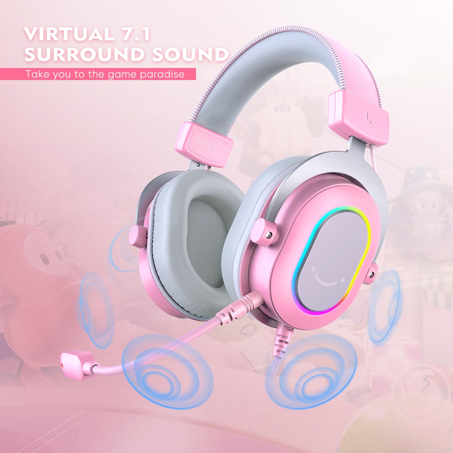 FIFINE PC Gaming Headset with Microphone - USB Wired 7.1 Surround Sound Headphones with RGB Lights & In-Line Controls for PS4/PS5, Streaming, Gaming, Video Calls - Over-Ear Design (Pink) | Perfect for Online Gaming, Live Streaming & Remote Work