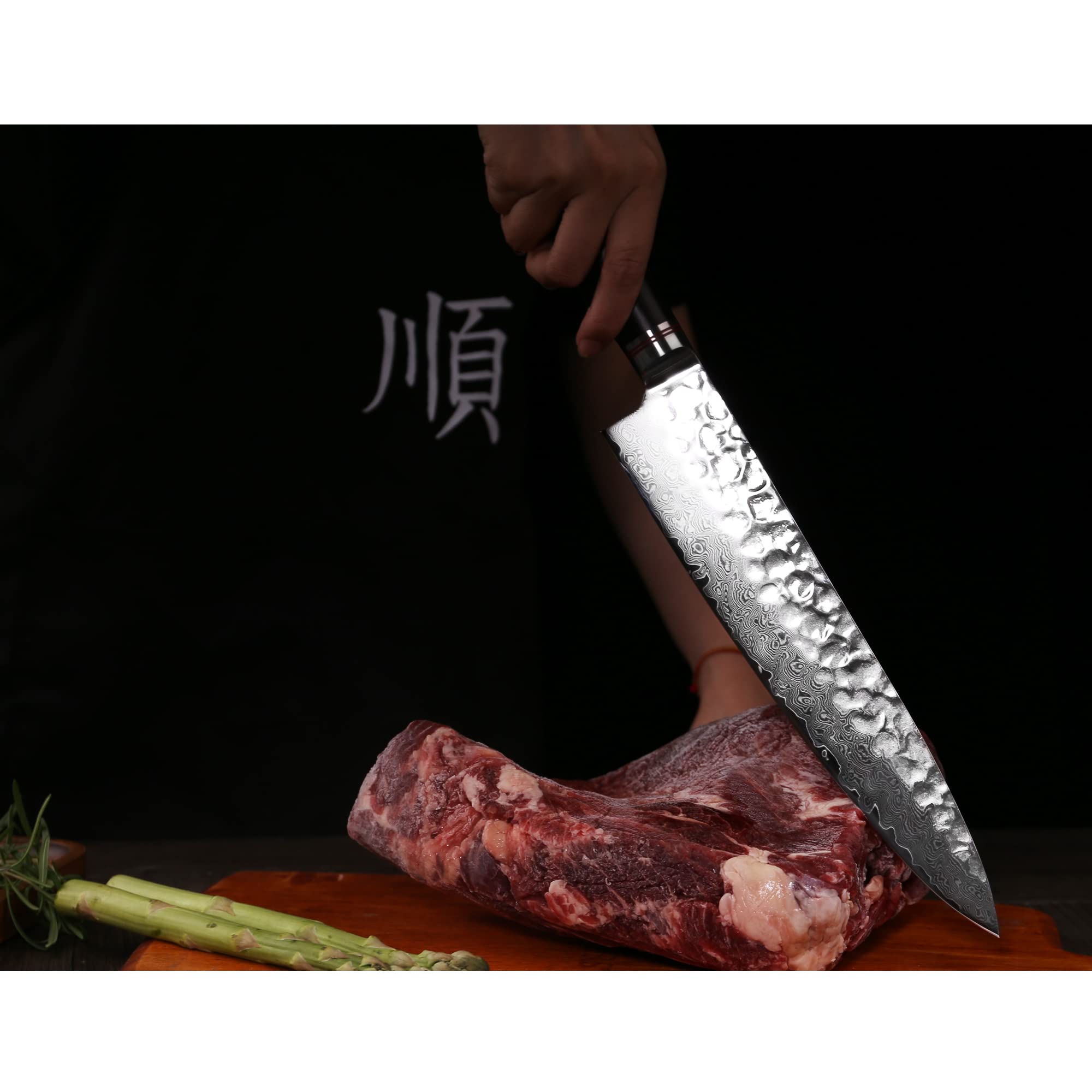 YOUSUNLONG 12-inch Professional Japanese Damascus Steel Gyuto Chef Knife - Razor Sharp Kitchen Knife with Hammered Finish & Ebony Wood Handle - Includes Leather Sheath - Perfect for Slicing, Dicing, and Precision Cooking